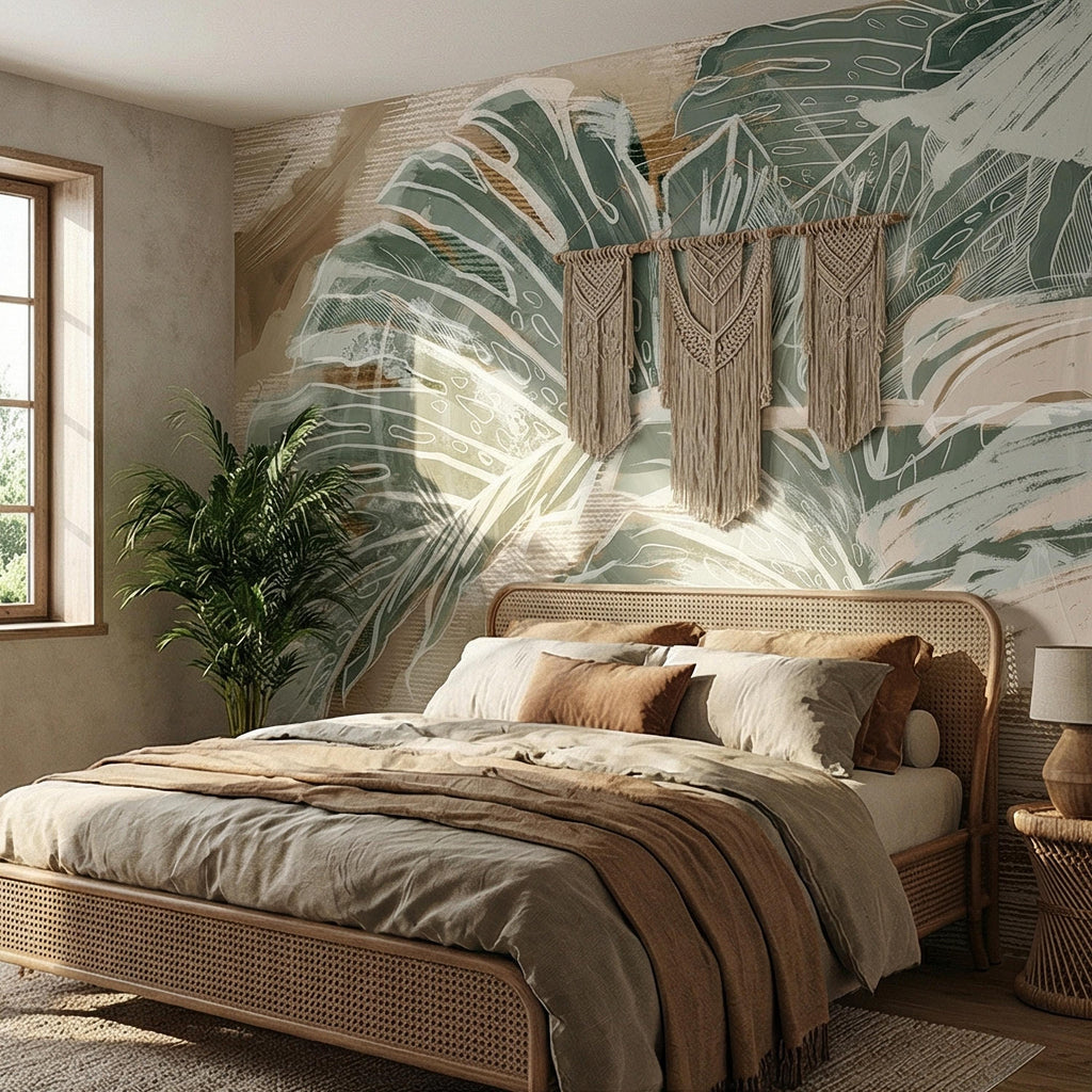Abstract Tropical Leaf Peel and Stick Wall Mural, Sage Green Monstera Line Art, Neutral Beige Botanical Modern Wallpaper