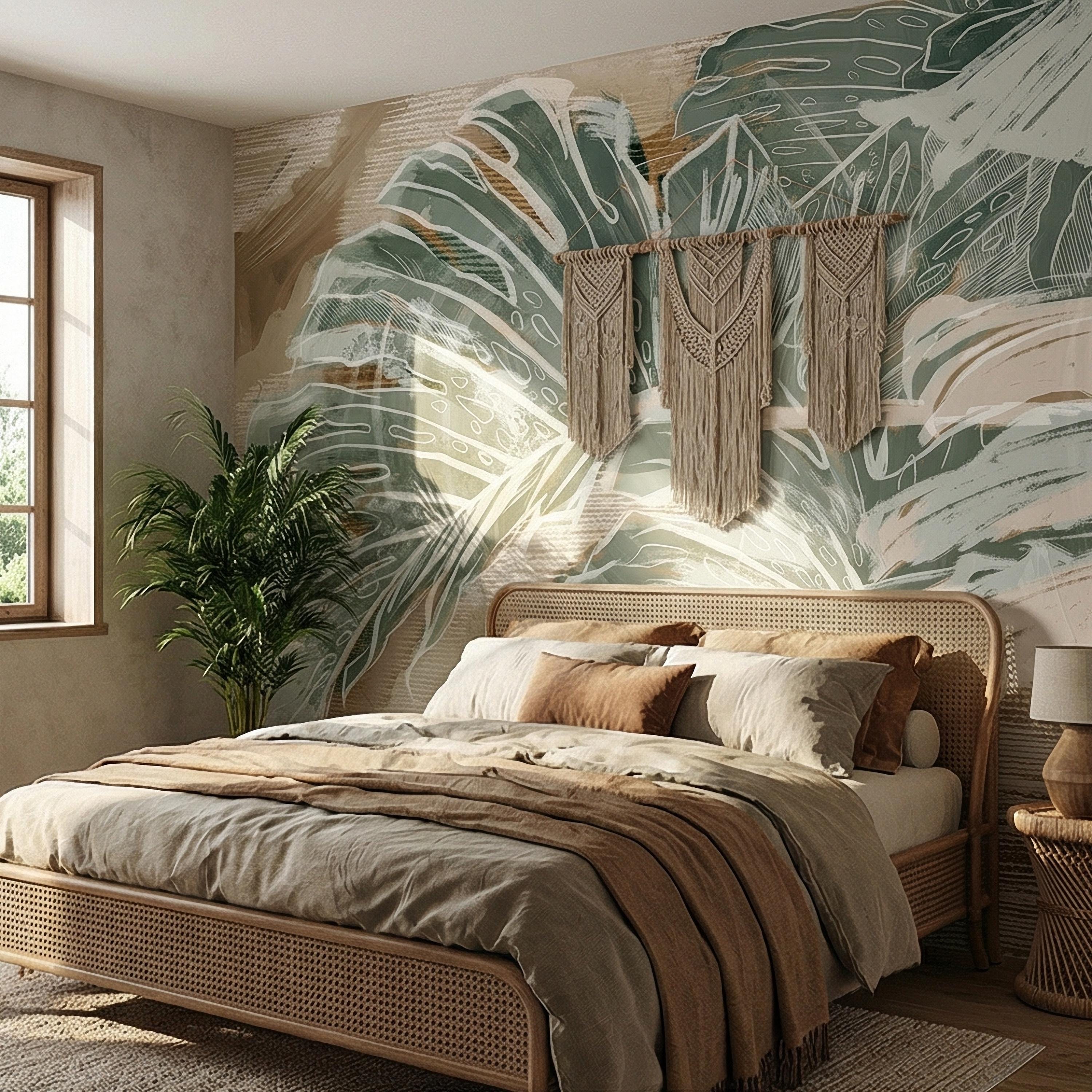 Abstract Tropical Leaf Peel and Stick Wall Mural, Sage Green Monstera Line Art, Neutral Beige Botanical Modern Wallpaper