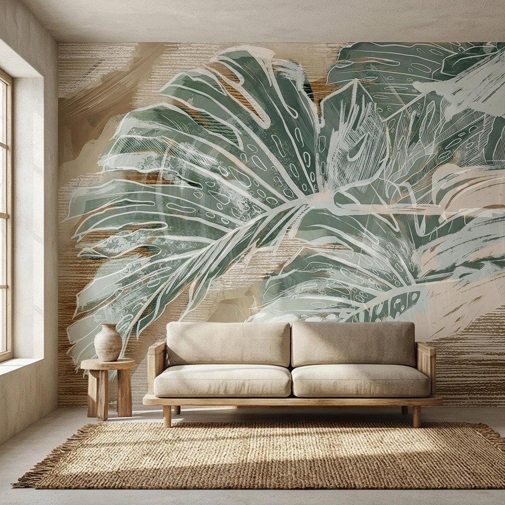 Abstract Tropical Leaf Peel and Stick Wall Mural, Sage Green Monstera Line Art, Neutral Beige Botanical Modern Wallpaper