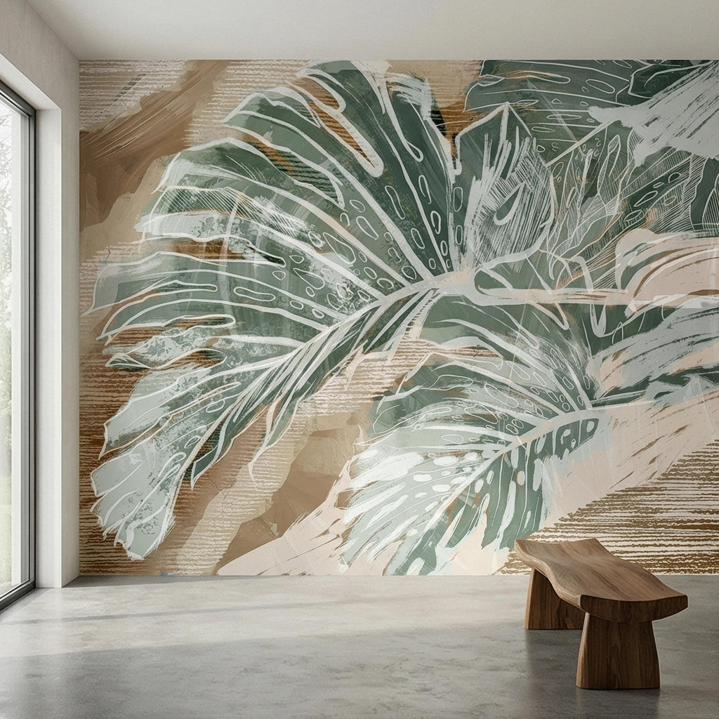 Abstract Tropical Leaf Peel and Stick Wall Mural, Sage Green Monstera Line Art, Neutral Beige Botanical Modern Wallpaper