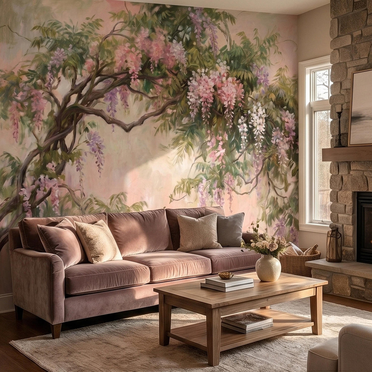 Pink and lavender floral tree branch wall mural with lush green foliage