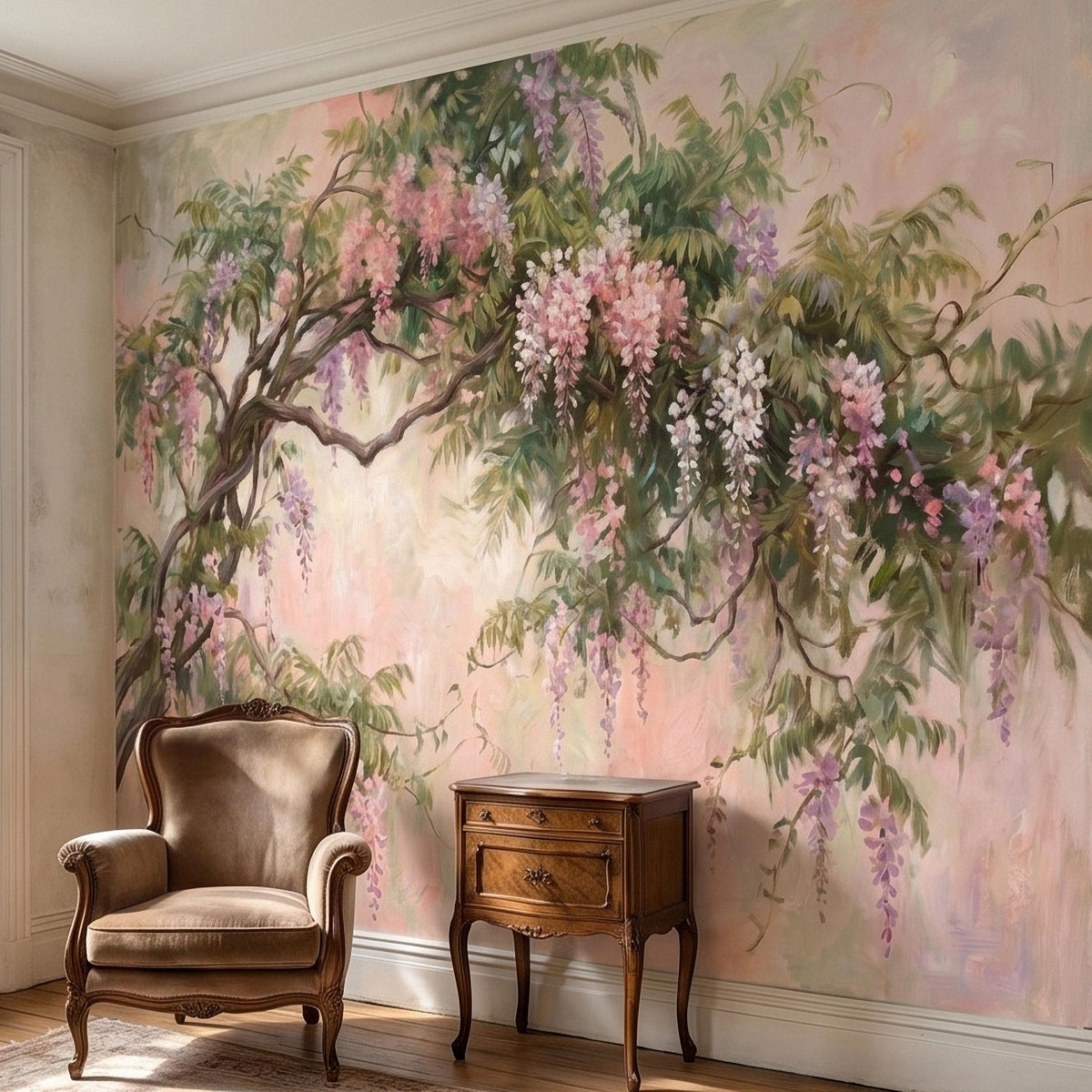 Pastel floral tree branch wall mural with cascading pink and lilac blossoms