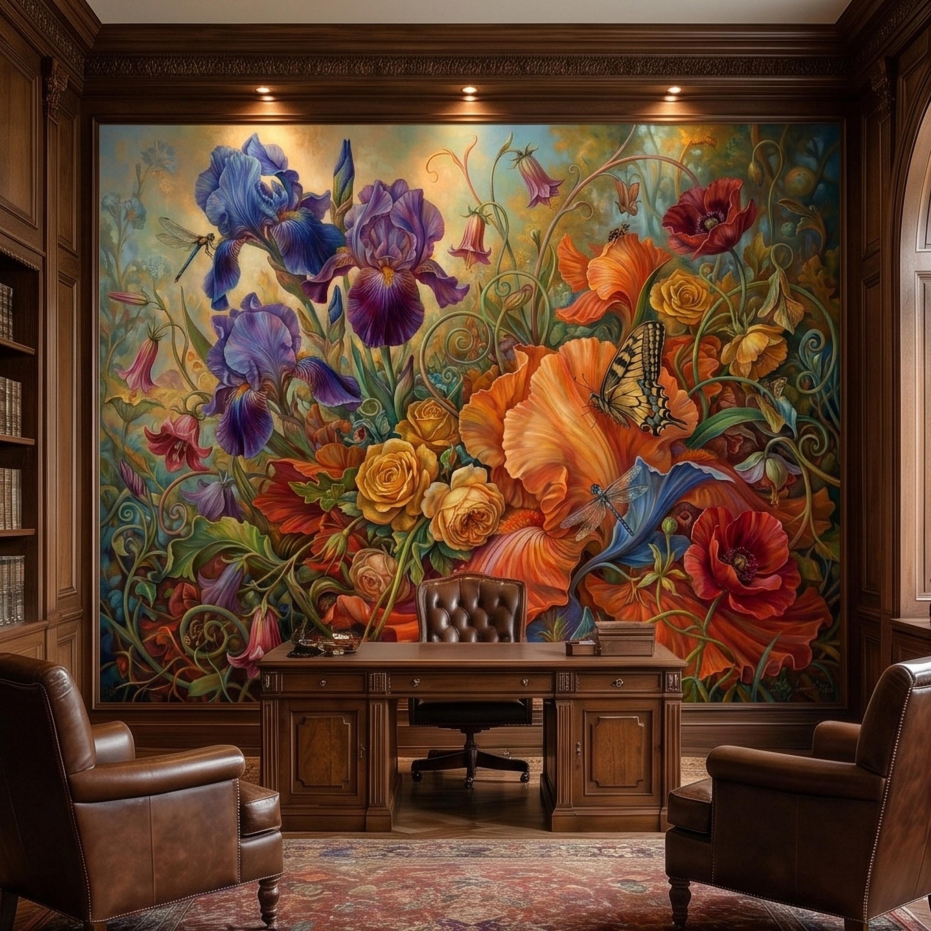 Iris and Poppy Peel and Stick Wall Mural, Vintage Botanical Floral Oil Painting with Roses, Butterflies and Dragonflies, Cottage Wallpaper