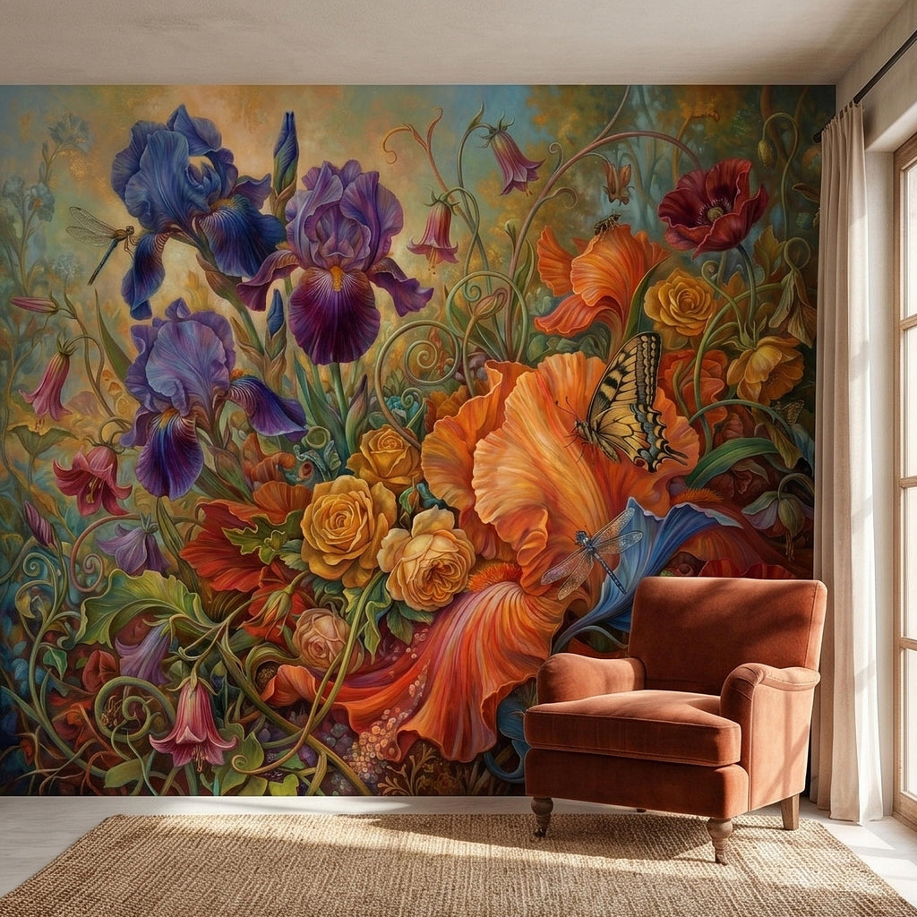Iris and Poppy Peel and Stick Wall Mural, Vintage Botanical Floral Oil Painting with Roses, Butterflies and Dragonflies, Cottage Wallpaper
