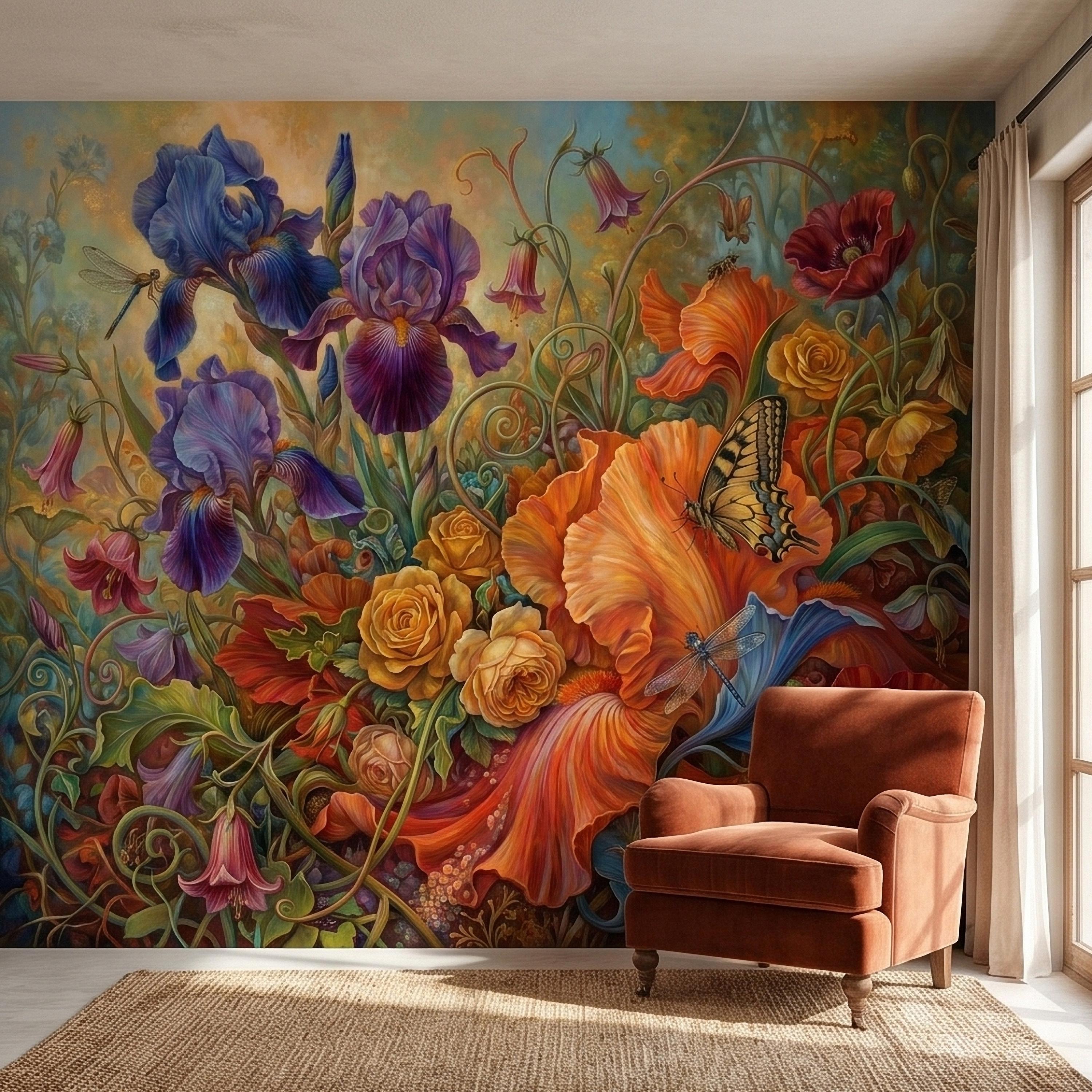 Iris and Poppy Peel and Stick Wall Mural, Vintage Botanical Floral Oil Painting with Roses, Butterflies and Dragonflies, Cottage Wallpaper