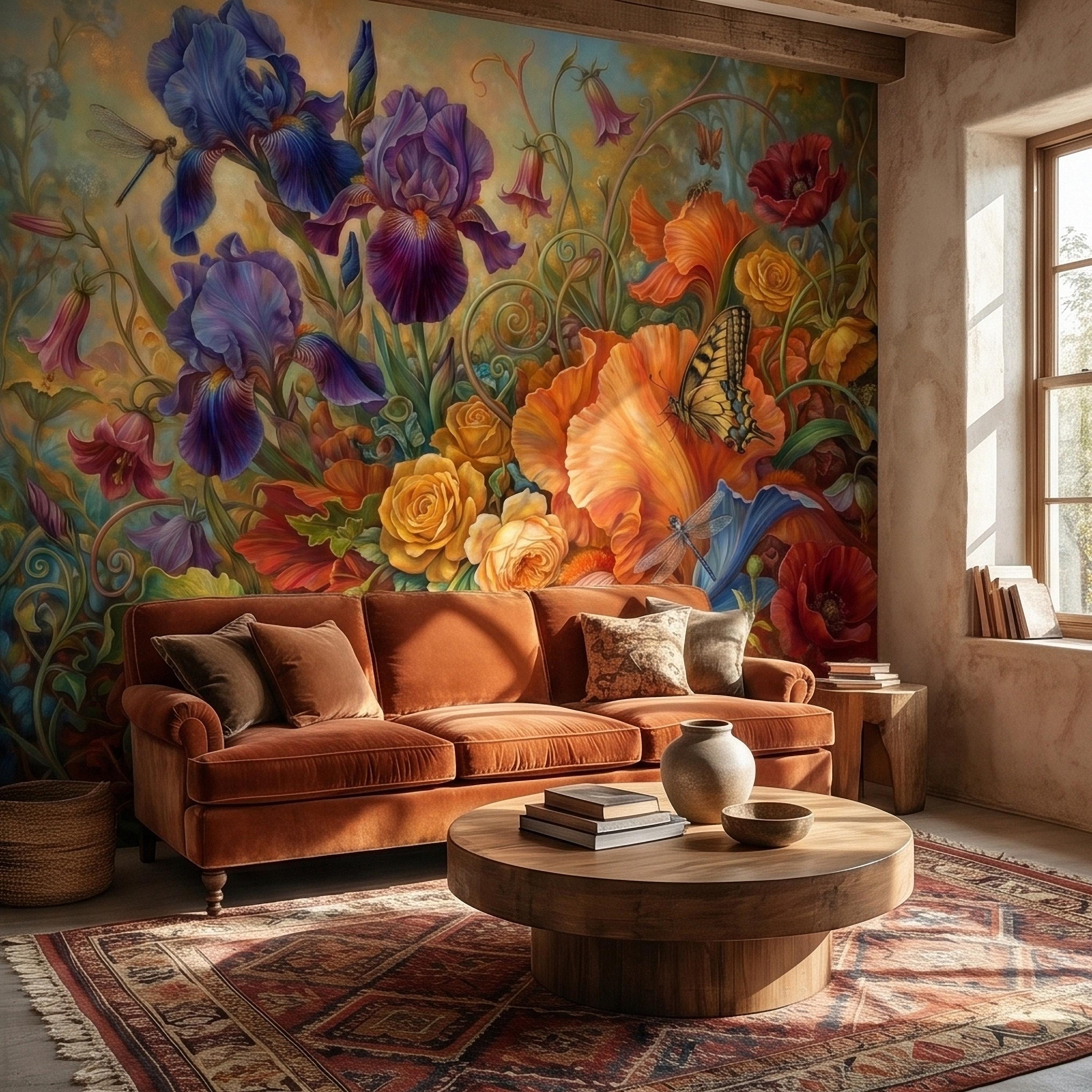 Iris and Poppy Peel and Stick Wall Mural, Vintage Botanical Floral Oil Painting with Roses, Butterflies and Dragonflies, Cottage Wallpaper