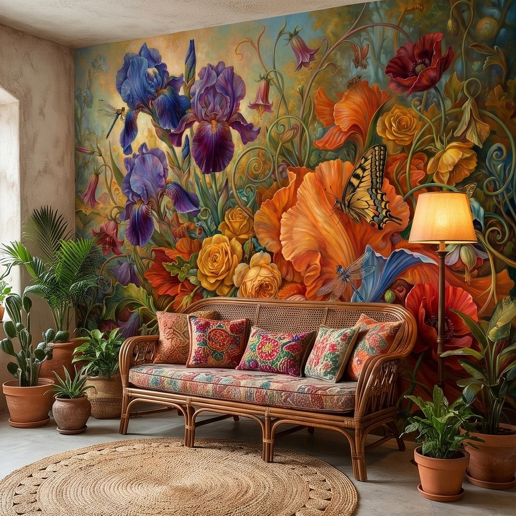 Iris and Poppy Peel and Stick Wall Mural, Vintage Botanical Floral Oil Painting with Roses, Butterflies and Dragonflies, Cottage Wallpaper