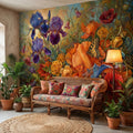 Iris and Poppy Peel and Stick Wall Mural, Vintage Botanical Floral Oil Painting with Roses, Butterflies and Dragonflies, Cottage Wallpaper