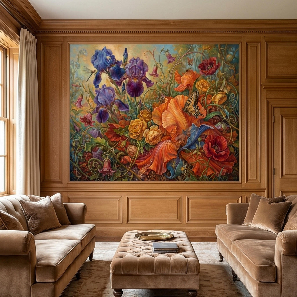 Iris and Poppy Peel and Stick Wall Mural, Vintage Botanical Floral Oil Painting with Roses, Butterflies and Dragonflies, Cottage Wallpaper