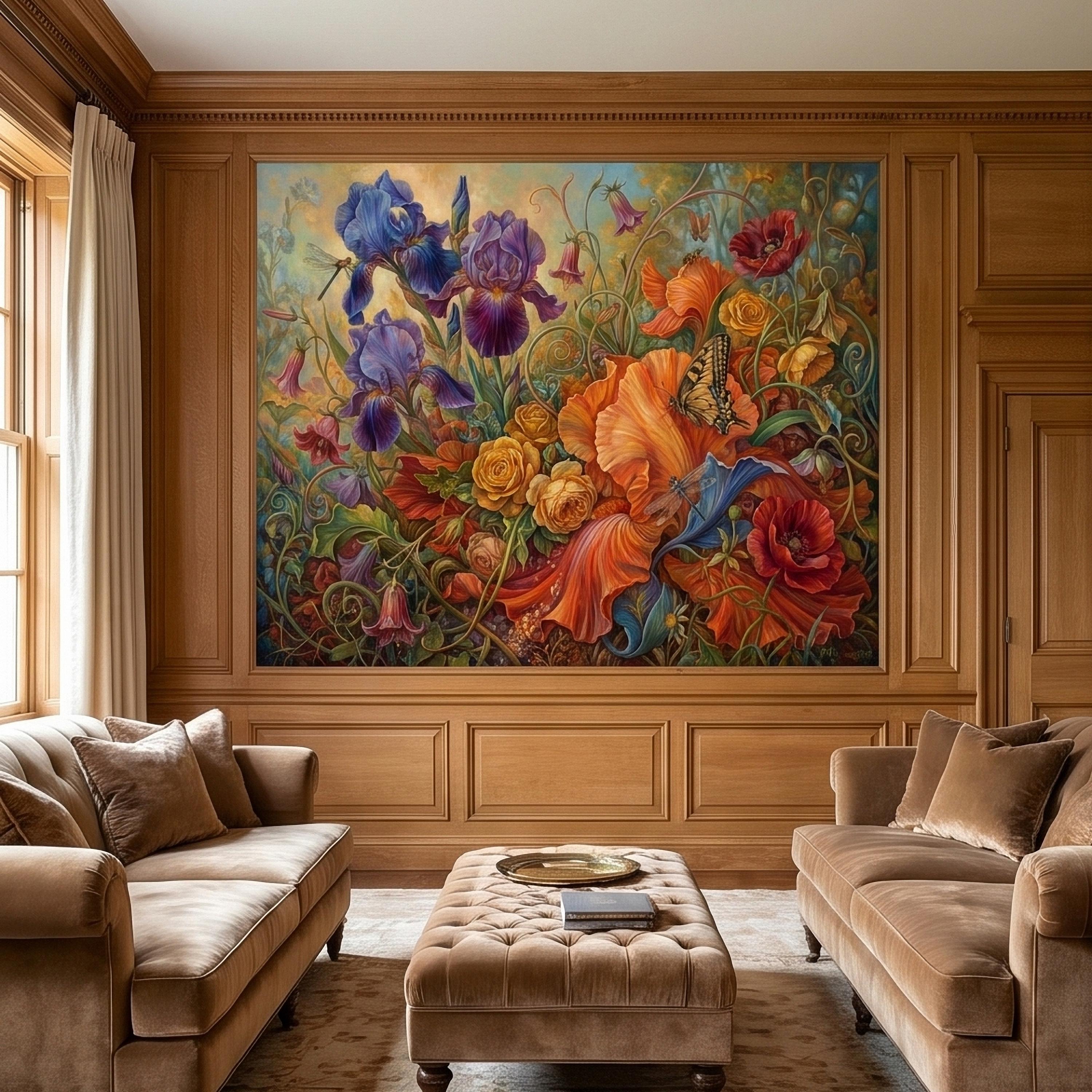 Iris and Poppy Peel and Stick Wall Mural, Vintage Botanical Floral Oil Painting with Roses, Butterflies and Dragonflies, Cottage Wallpaper