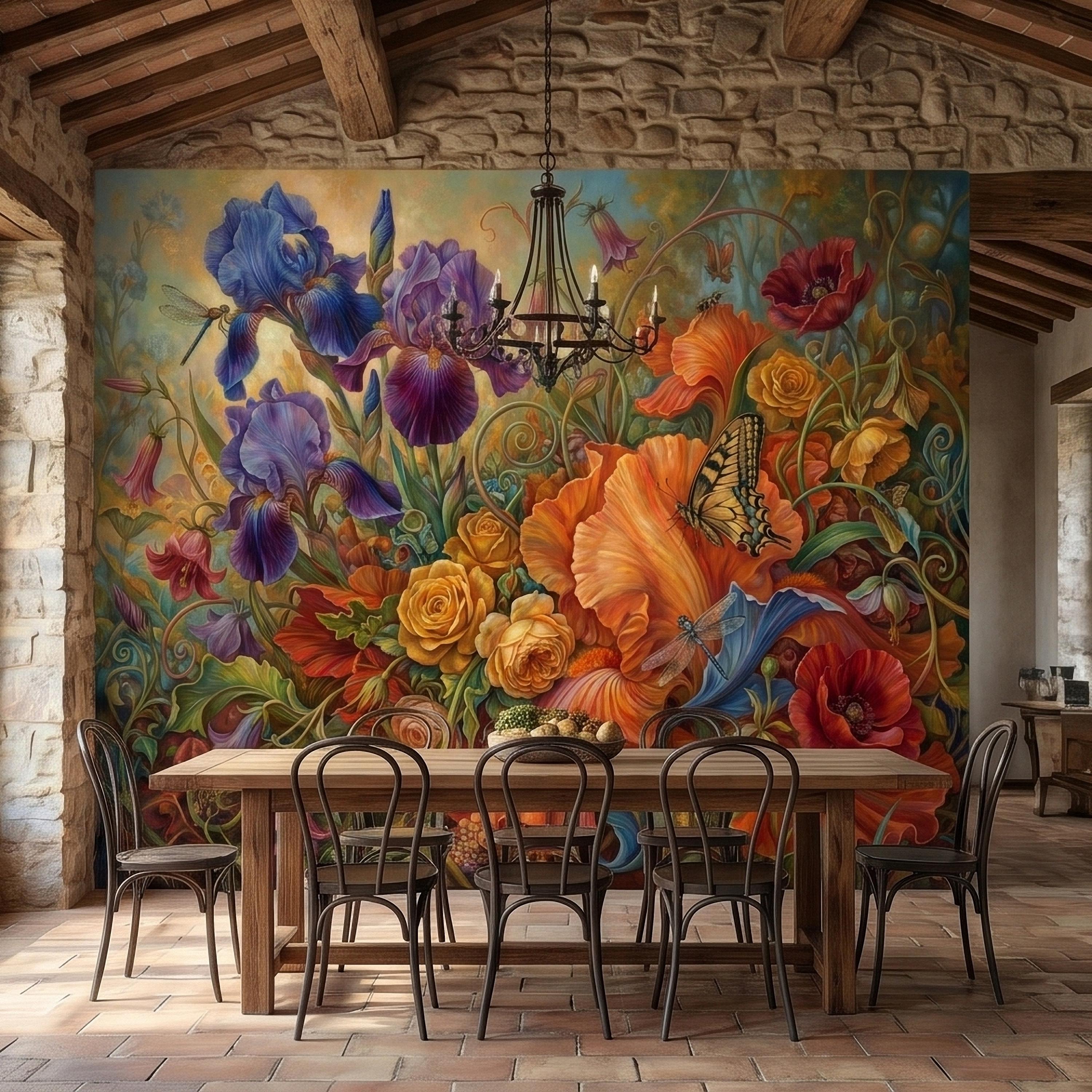 Iris and Poppy Peel and Stick Wall Mural, Vintage Botanical Floral Oil Painting with Roses, Butterflies and Dragonflies, Cottage Wallpaper