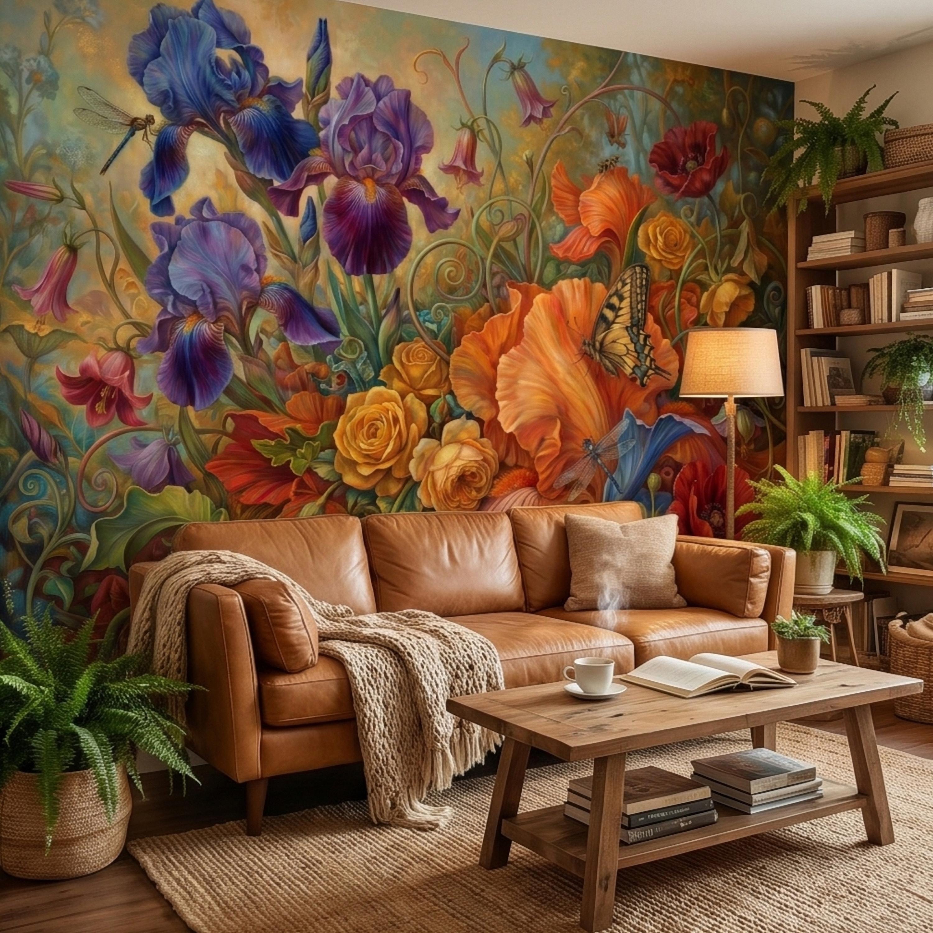 Iris and Poppy Peel and Stick Wall Mural, Vintage Botanical Floral Oil Painting with Roses, Butterflies and Dragonflies, Cottage Wallpaper