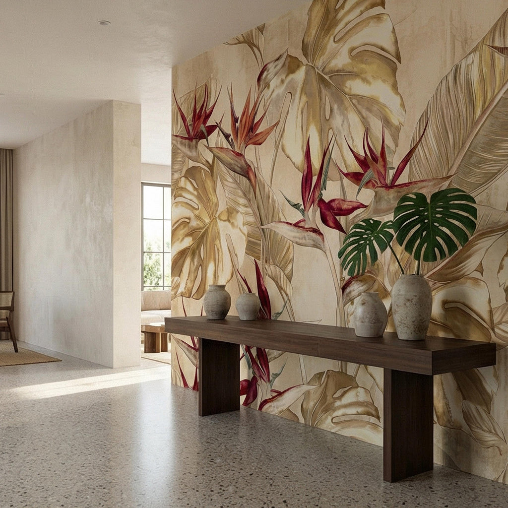 Bird of Paradise Flowers Peel and Stick Wall Mural, Gold Monstera Leaves, Neutral Tropical Botanical, Elegant Exotic Ivory Floral Wallpaper