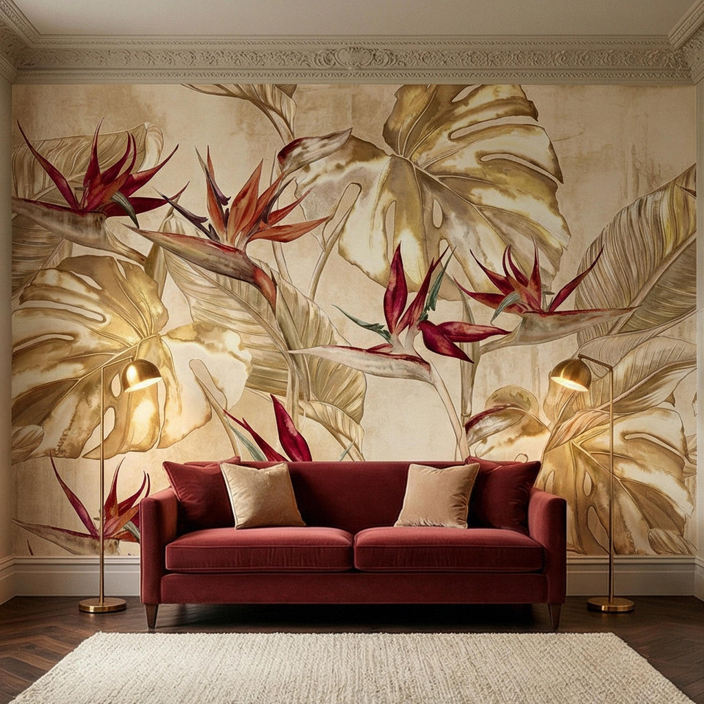 Bird of Paradise Flowers Peel and Stick Wall Mural, Gold Monstera Leaves, Neutral Tropical Botanical, Elegant Exotic Ivory Floral Wallpaper
