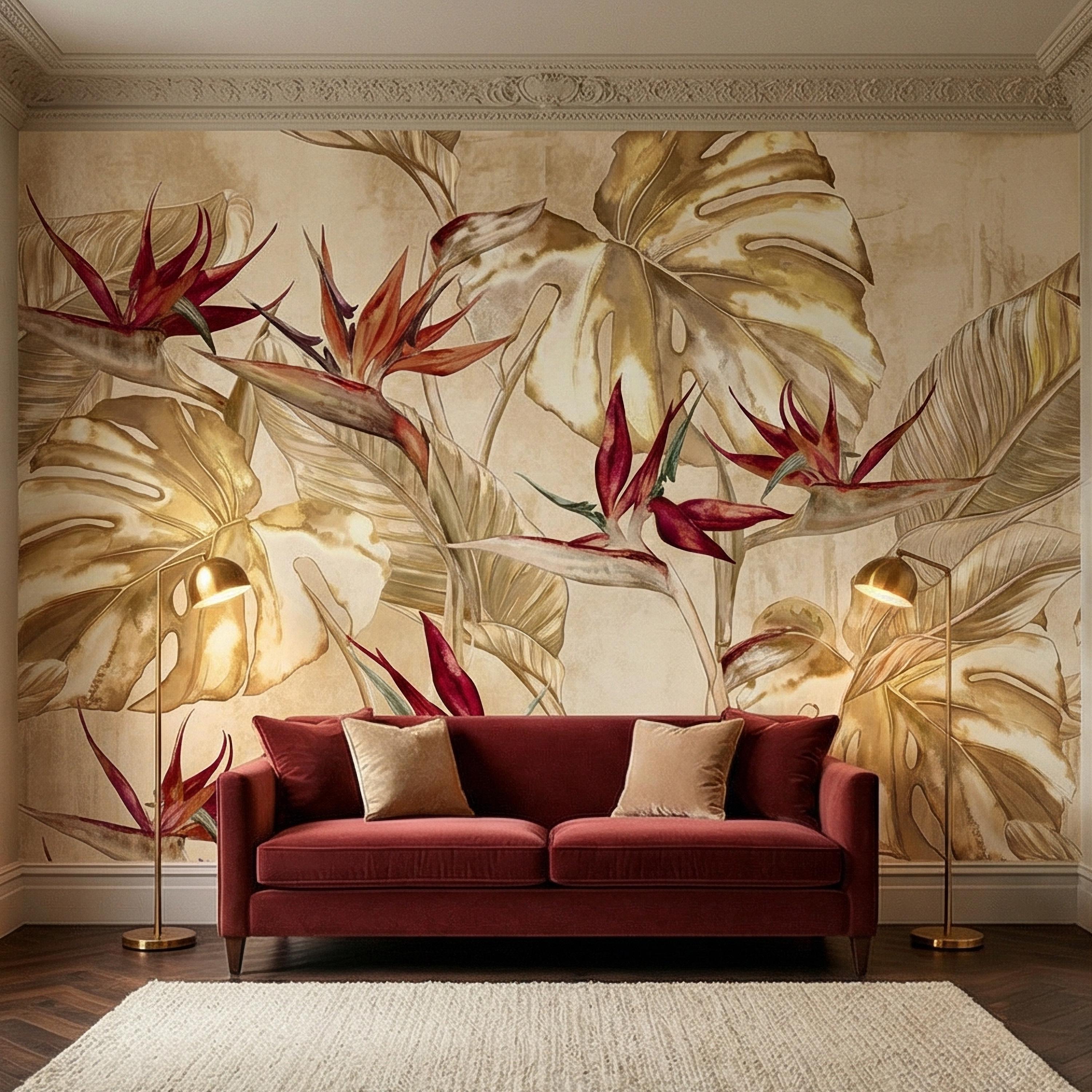 Bird of Paradise Flowers Peel and Stick Wall Mural, Gold Monstera Leaves, Neutral Tropical Botanical, Elegant Exotic Ivory Floral Wallpaper