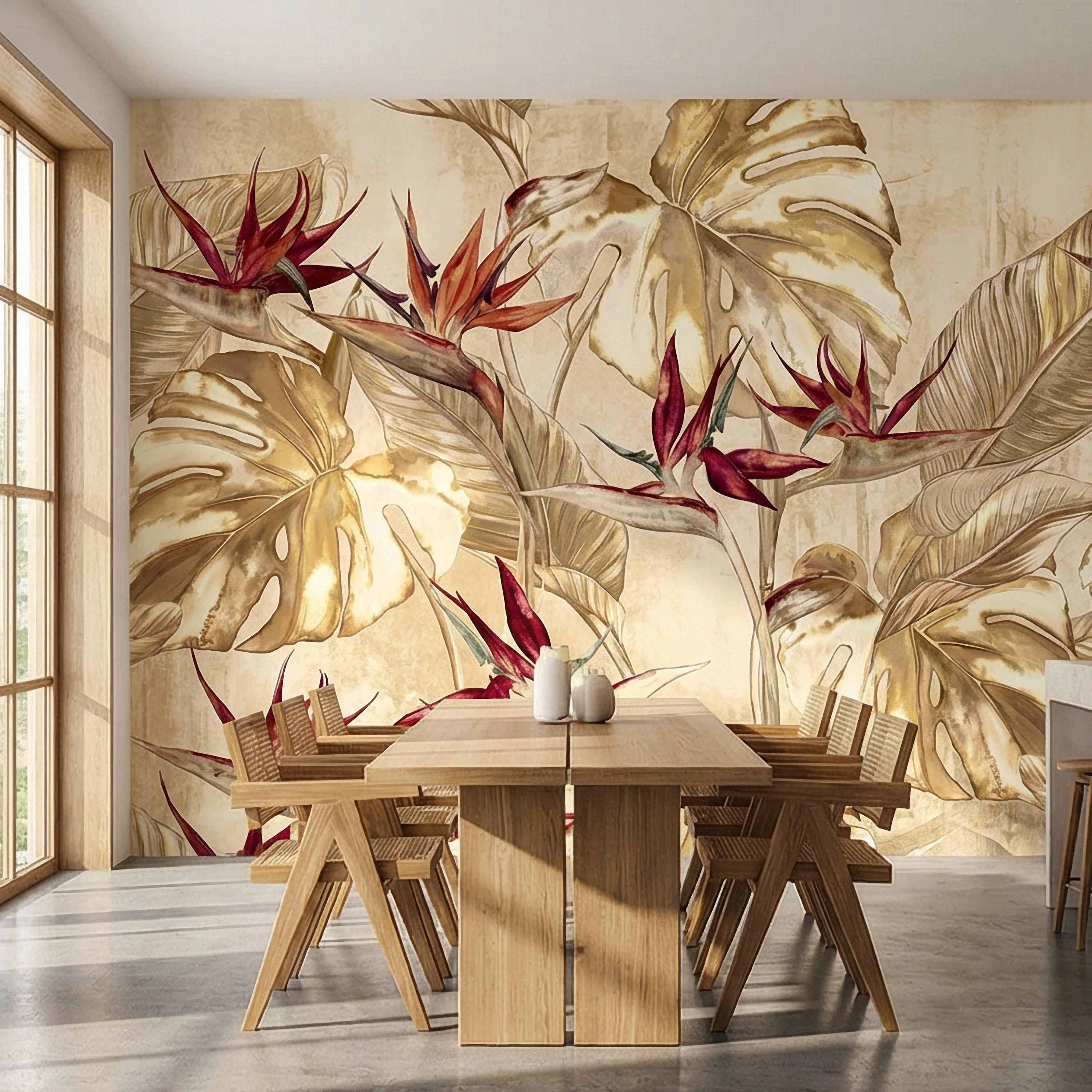 Bird of Paradise Flowers Peel and Stick Wall Mural, Gold Monstera Leaves, Neutral Tropical Botanical, Elegant Exotic Ivory Floral Wallpaper