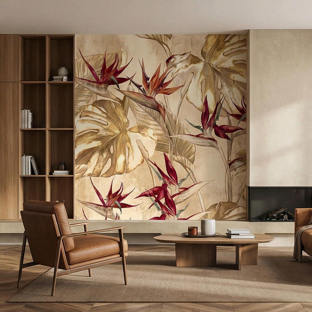 Bird of Paradise Flowers Peel and Stick Wall Mural, Gold Monstera Leaves, Neutral Tropical Botanical, Elegant Exotic Ivory Floral Wallpaper