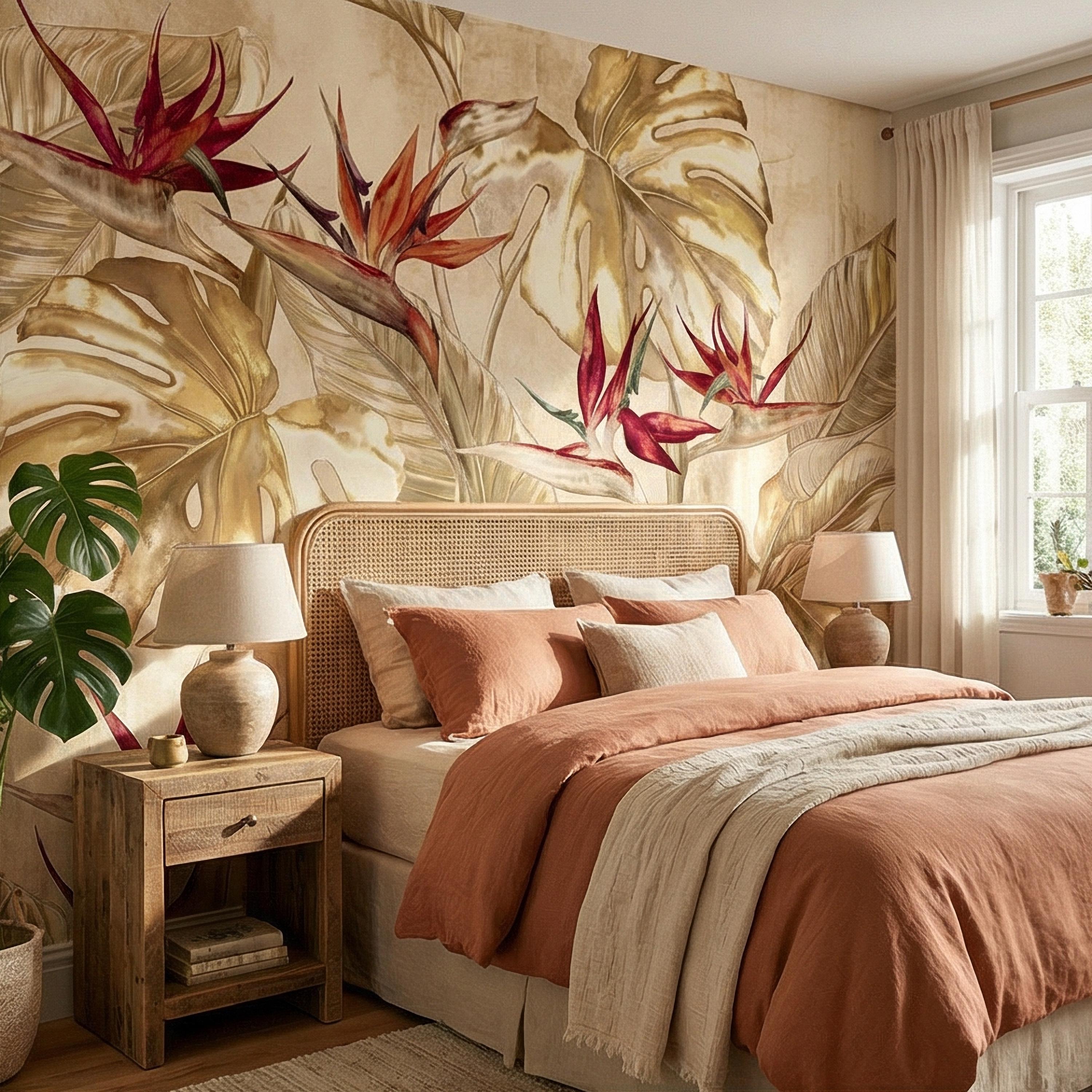 Bird of Paradise Flowers Peel and Stick Wall Mural, Gold Monstera Leaves, Neutral Tropical Botanical, Elegant Exotic Ivory Floral Wallpaper