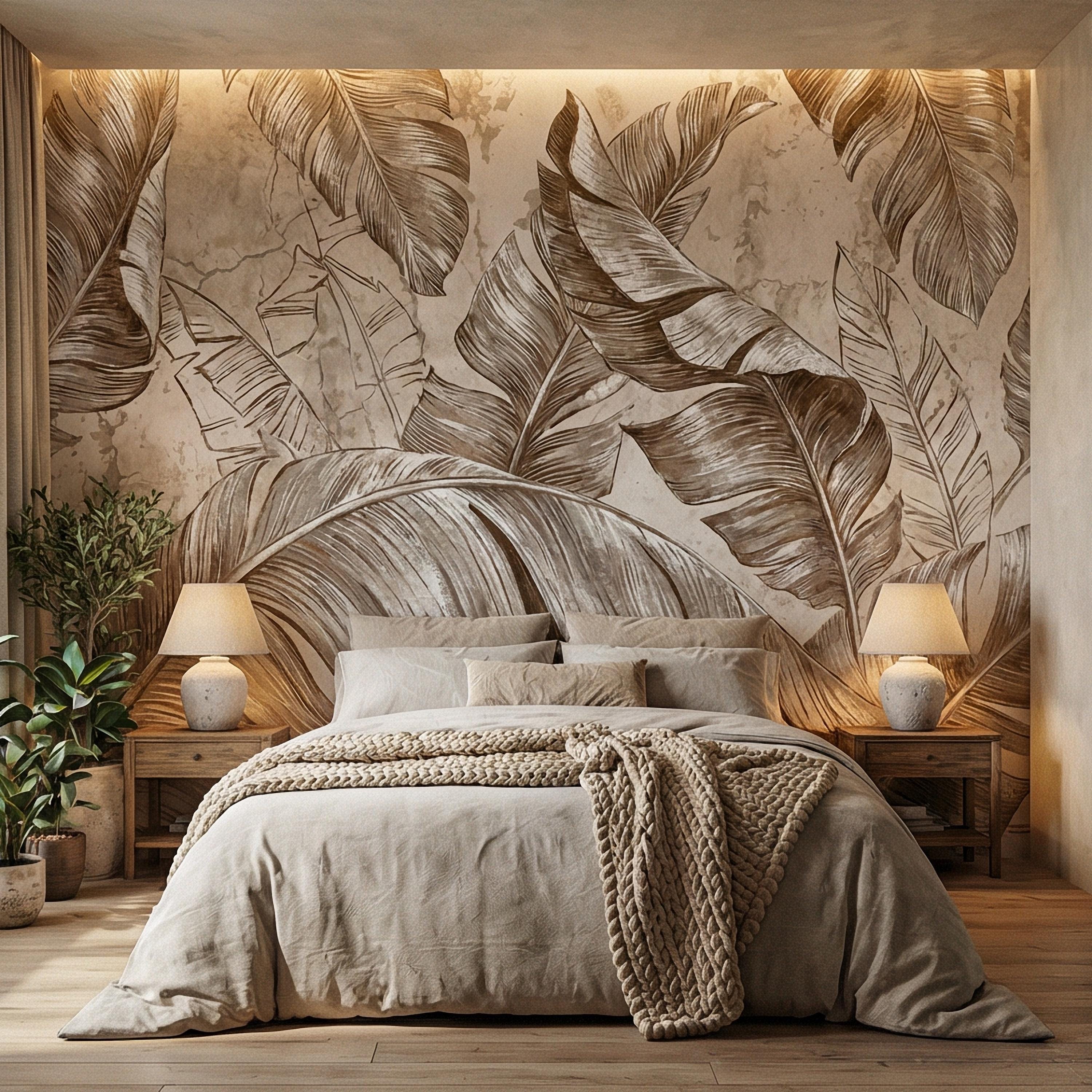 Tropical Banana Leaf Peel and Stick Wall Mural, Neutral Beige Palm Fronds, Textured Hand Drawn Large Scale Botanical Leaves Wallpaper