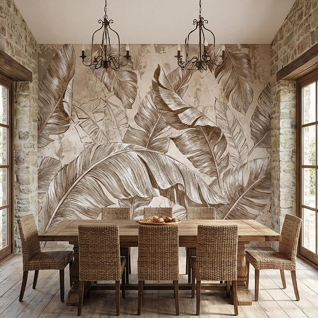 Tropical Banana Leaf Peel and Stick Wall Mural, Neutral Beige Palm Fronds, Textured Hand Drawn Large Scale Botanical Leaves Wallpaper