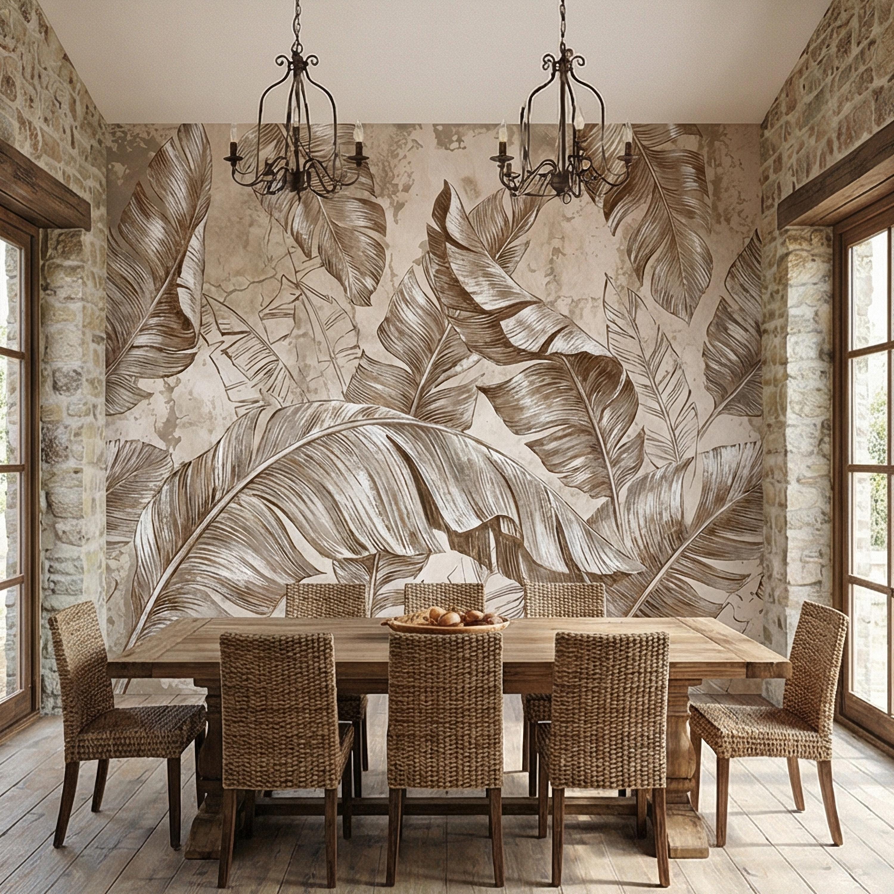 Tropical Banana Leaf Peel and Stick Wall Mural, Neutral Beige Palm Fronds, Textured Hand Drawn Large Scale Botanical Leaves Wallpaper