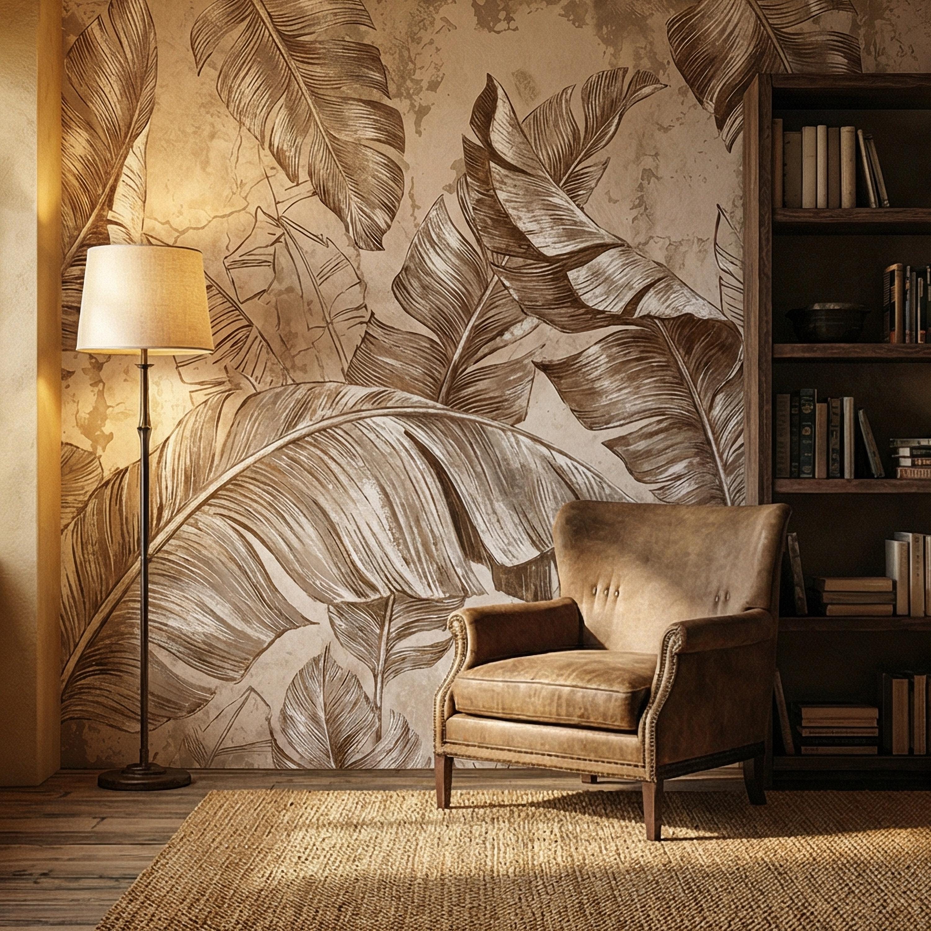 Tropical Banana Leaf Peel and Stick Wall Mural, Neutral Beige Palm Fronds, Textured Hand Drawn Large Scale Botanical Leaves Wallpaper