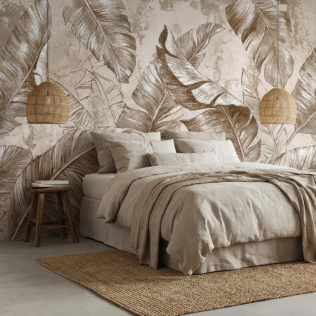 Tropical Banana Leaf Peel and Stick Wall Mural, Neutral Beige Palm Fronds, Textured Hand Drawn Large Scale Botanical Leaves Wallpaper