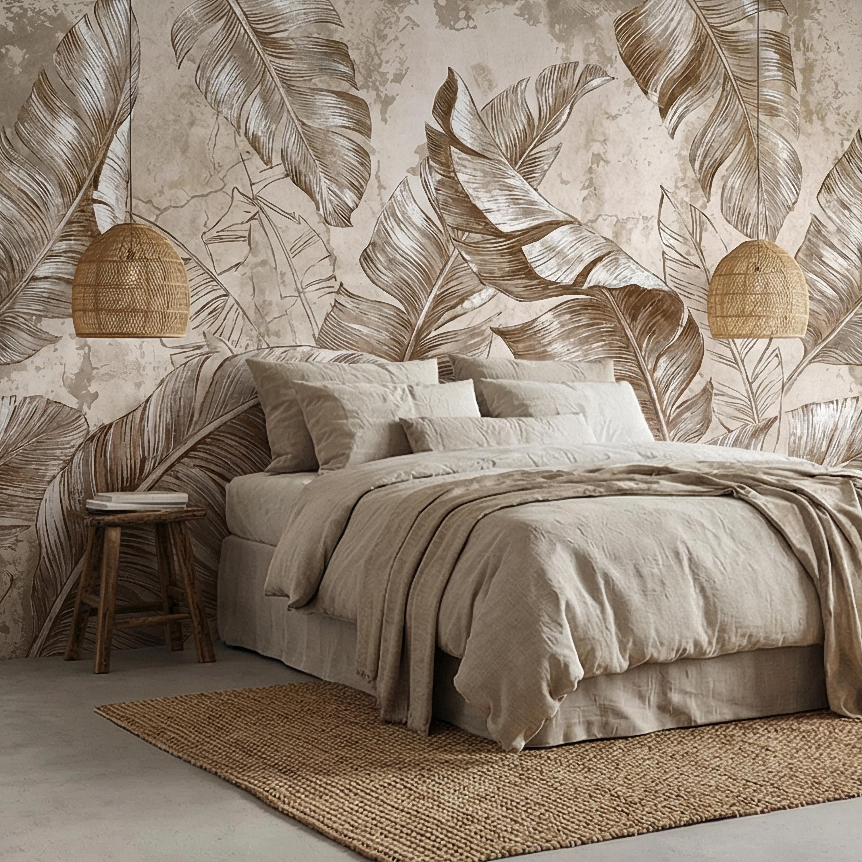 Tropical Banana Leaf Peel and Stick Wall Mural, Neutral Beige Palm Fronds, Textured Hand Drawn Large Scale Botanical Leaves Wallpaper