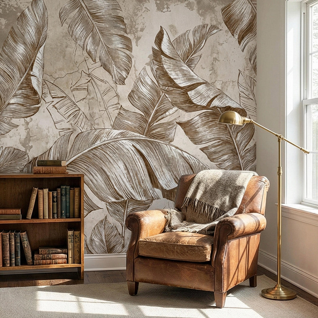 Tropical Banana Leaf Peel and Stick Wall Mural, Neutral Beige Palm Fronds, Textured Hand Drawn Large Scale Botanical Leaves Wallpaper