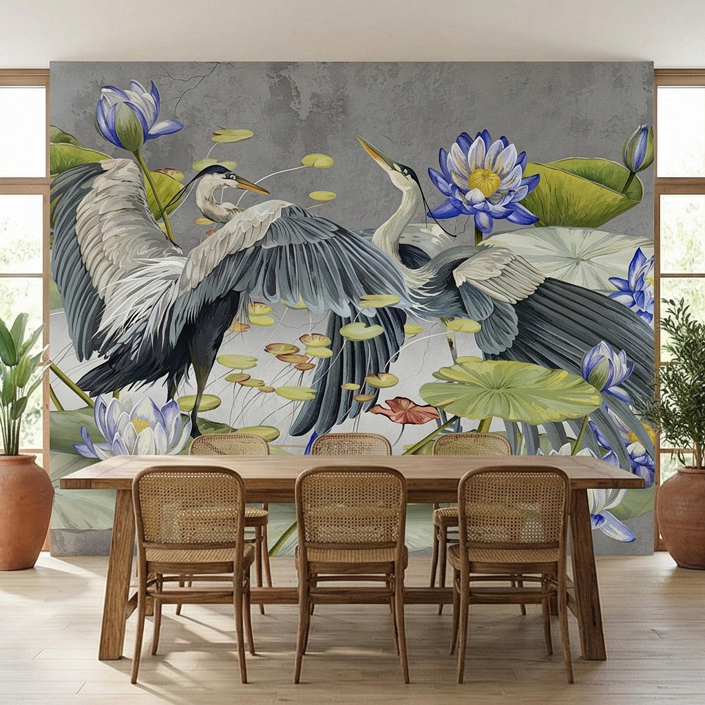 Heron Water Lily Peel and Stick Wall Mural, Blue Lotus Pond, Chinoiserie Bird Botanical, Serene Lily Pad Nature Gray Green Wallpaper