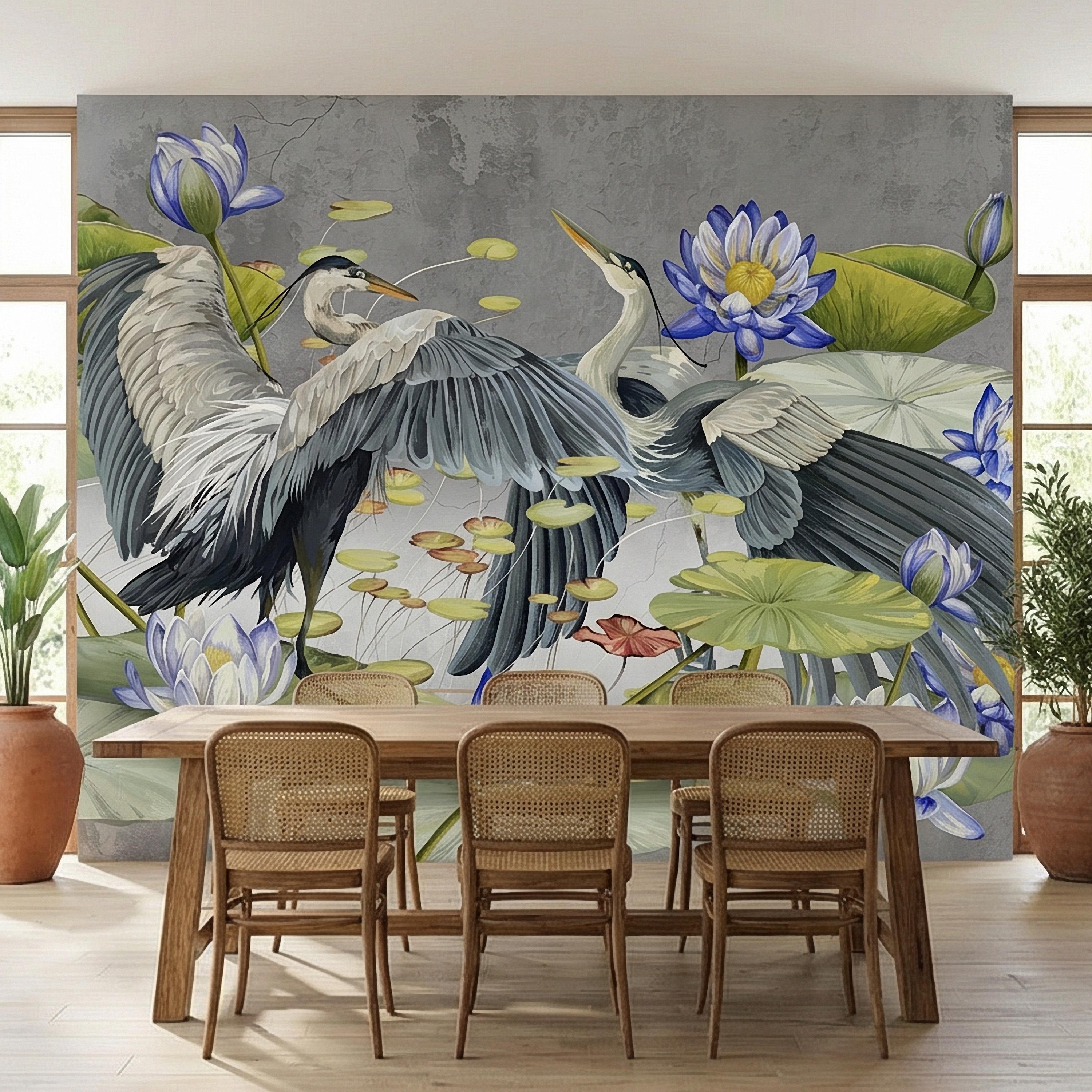 Heron Water Lily Peel and Stick Wall Mural, Blue Lotus Pond, Chinoiserie Bird Botanical, Serene Lily Pad Nature Gray Green Wallpaper