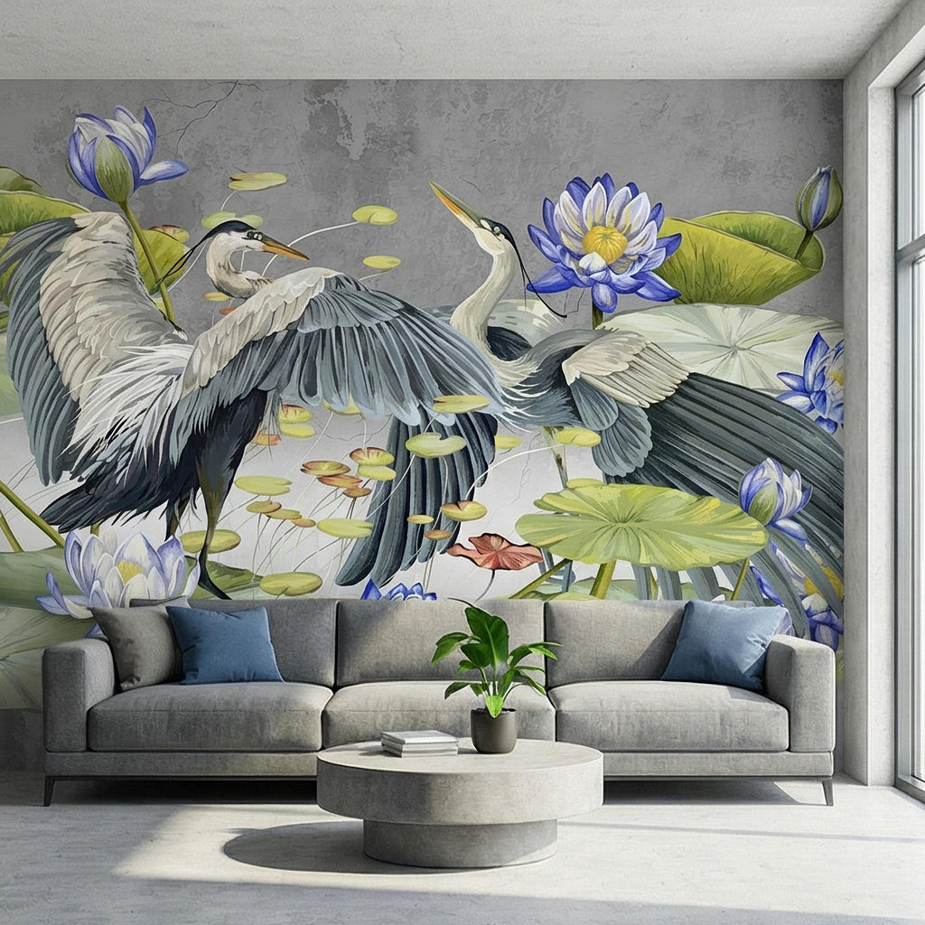 Heron Water Lily Peel and Stick Wall Mural, Blue Lotus Pond, Chinoiserie Bird Botanical, Serene Lily Pad Nature Gray Green Wallpaper
