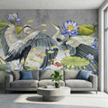 Heron Water Lily Peel and Stick Wall Mural, Blue Lotus Pond, Chinoiserie Bird Botanical, Serene Lily Pad Nature Gray Green Wallpaper