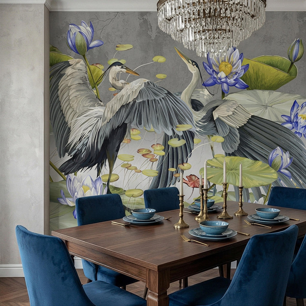 Heron Water Lily Peel and Stick Wall Mural, Blue Lotus Pond, Chinoiserie Bird Botanical, Serene Lily Pad Nature Gray Green Wallpaper