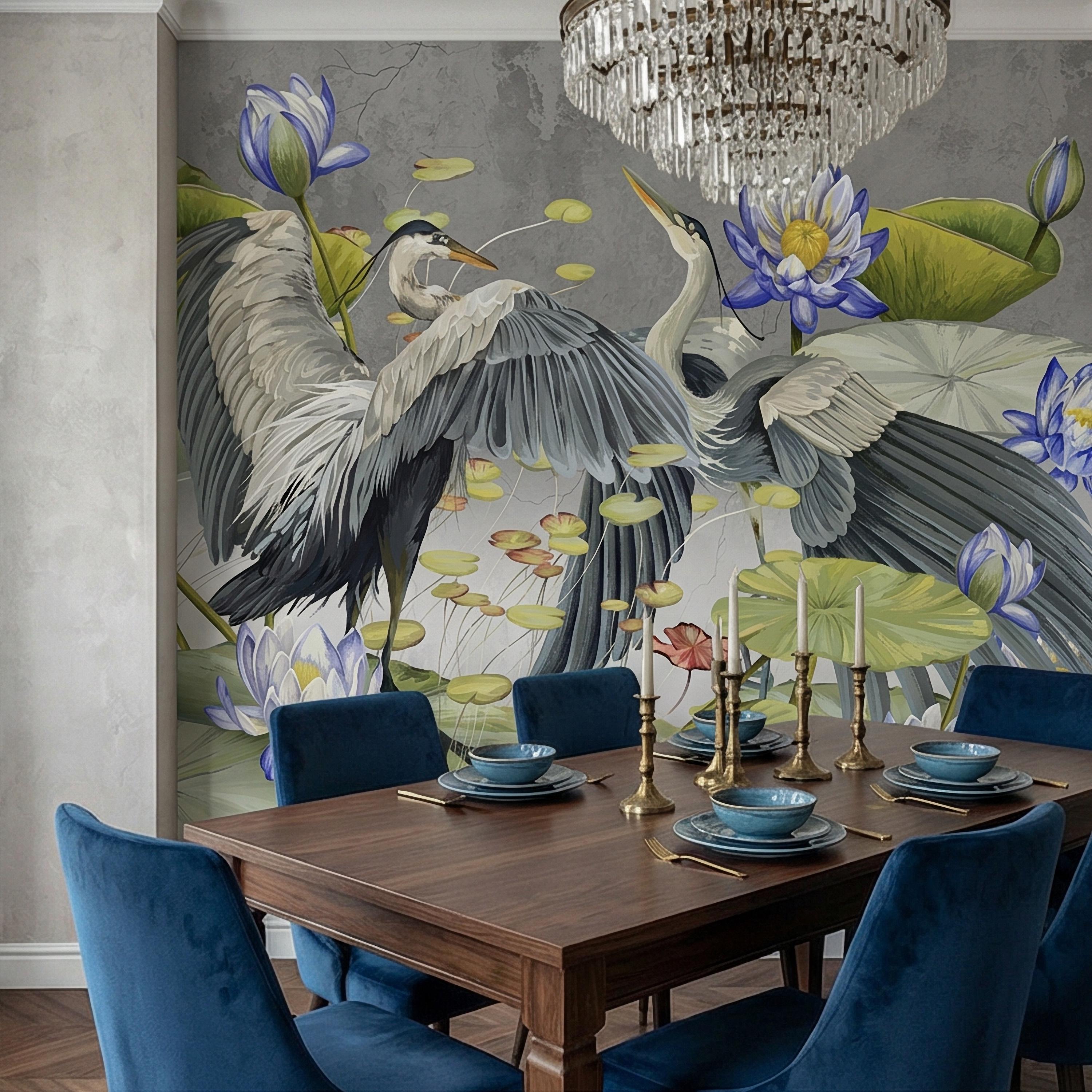 Heron Water Lily Peel and Stick Wall Mural, Blue Lotus Pond, Chinoiserie Bird Botanical, Serene Lily Pad Nature Gray Green Wallpaper