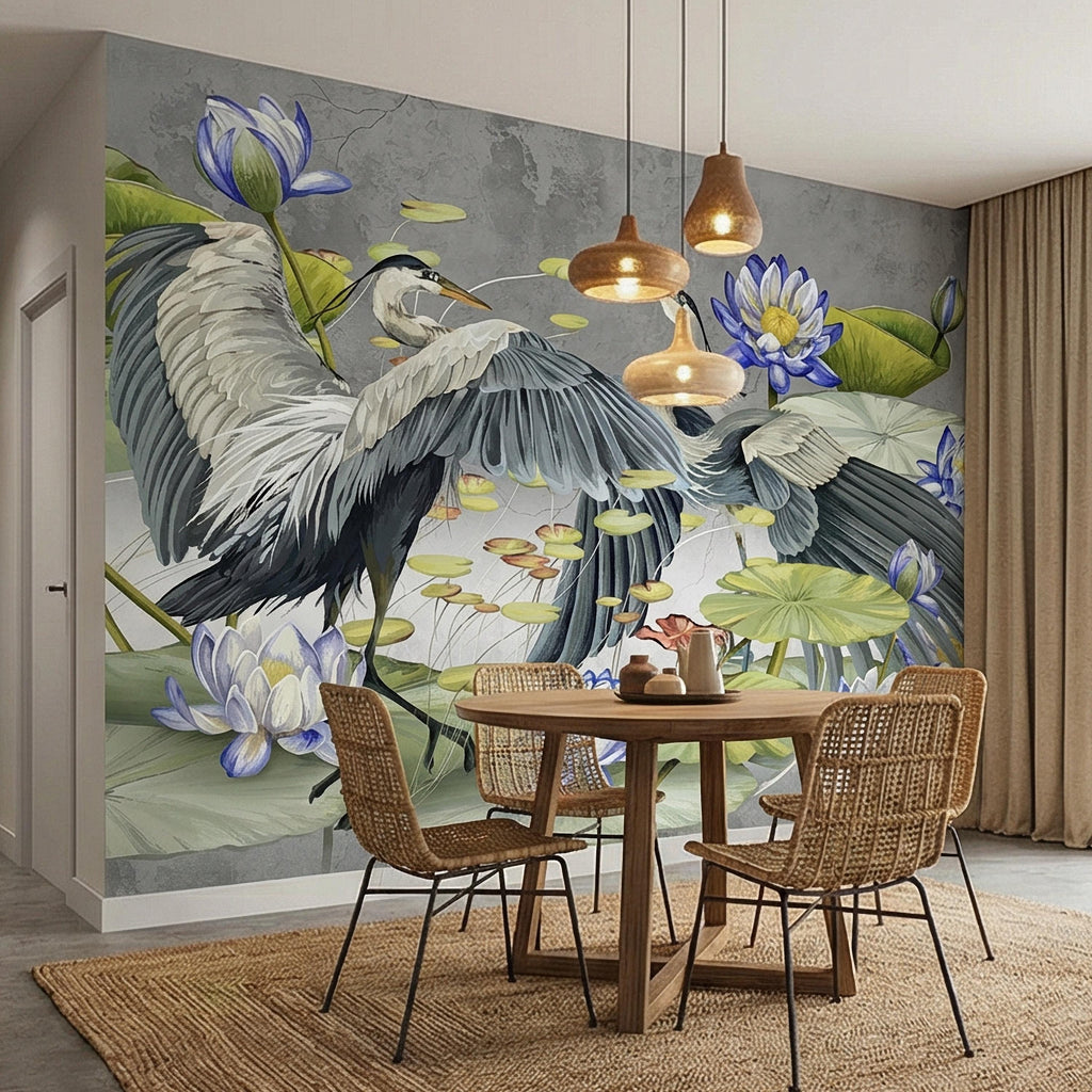 Heron Water Lily Peel and Stick Wall Mural, Blue Lotus Pond, Chinoiserie Bird Botanical, Serene Lily Pad Nature Gray Green Wallpaper