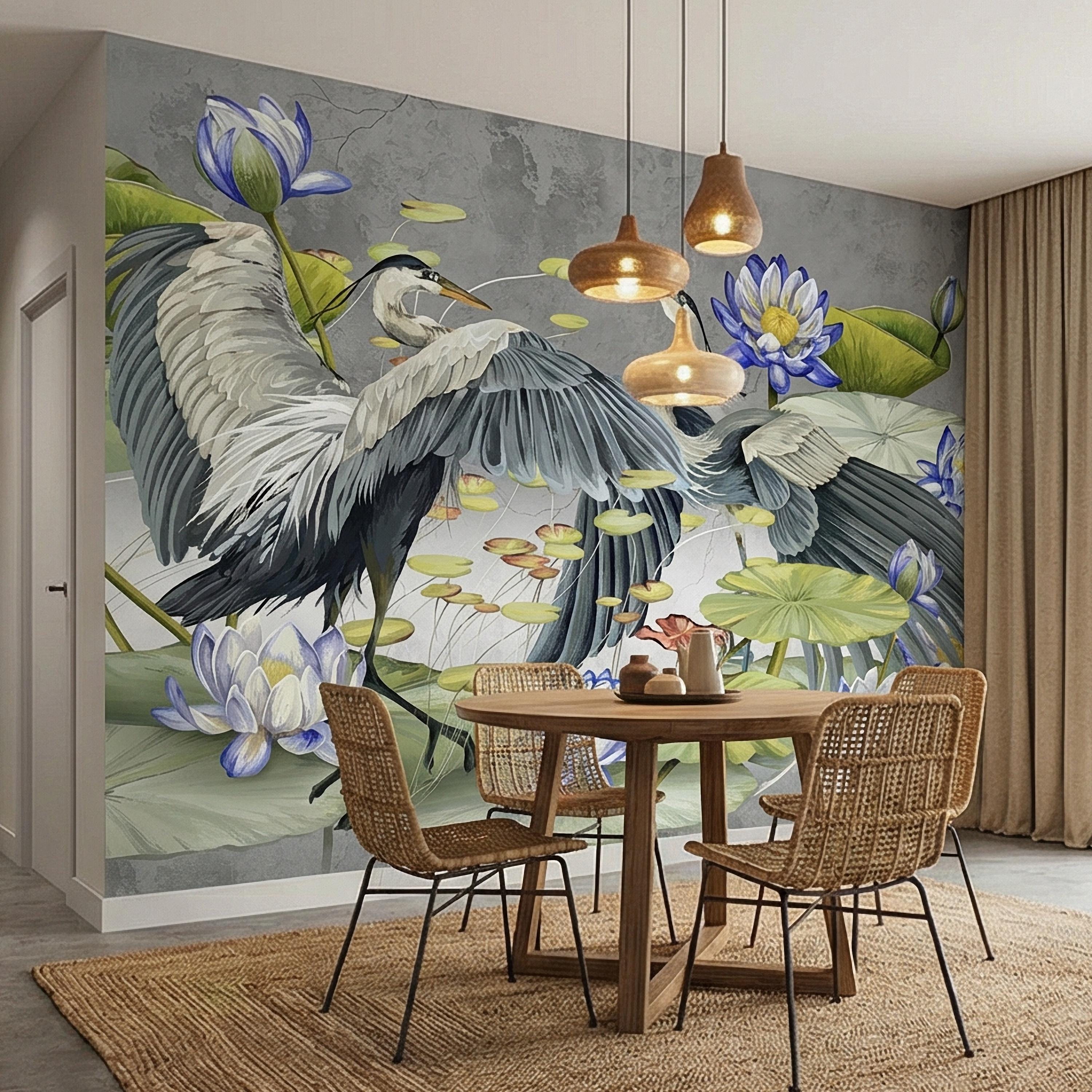 Heron Water Lily Peel and Stick Wall Mural, Blue Lotus Pond, Chinoiserie Bird Botanical, Serene Lily Pad Nature Gray Green Wallpaper
