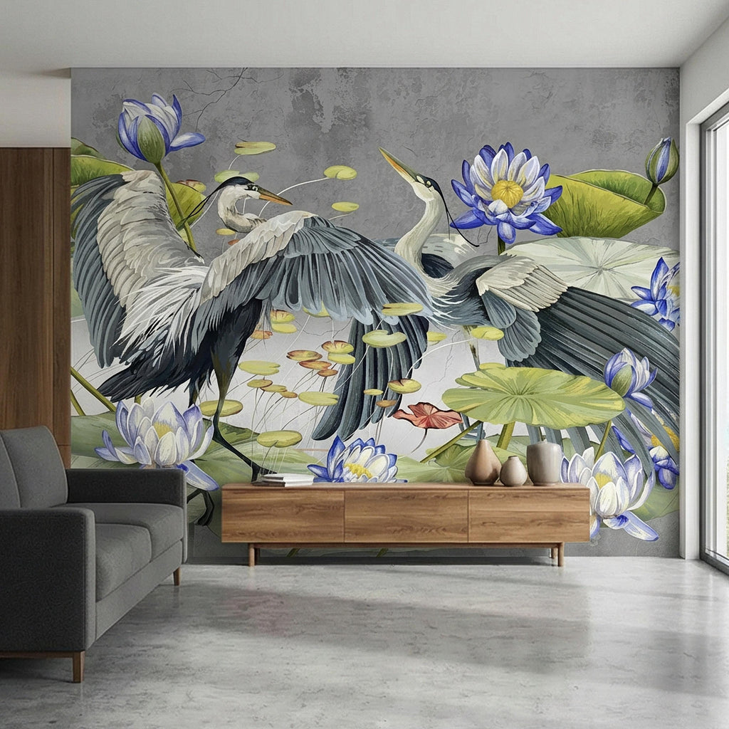 Heron Water Lily Peel and Stick Wall Mural, Blue Lotus Pond, Chinoiserie Bird Botanical, Serene Lily Pad Nature Gray Green Wallpaper