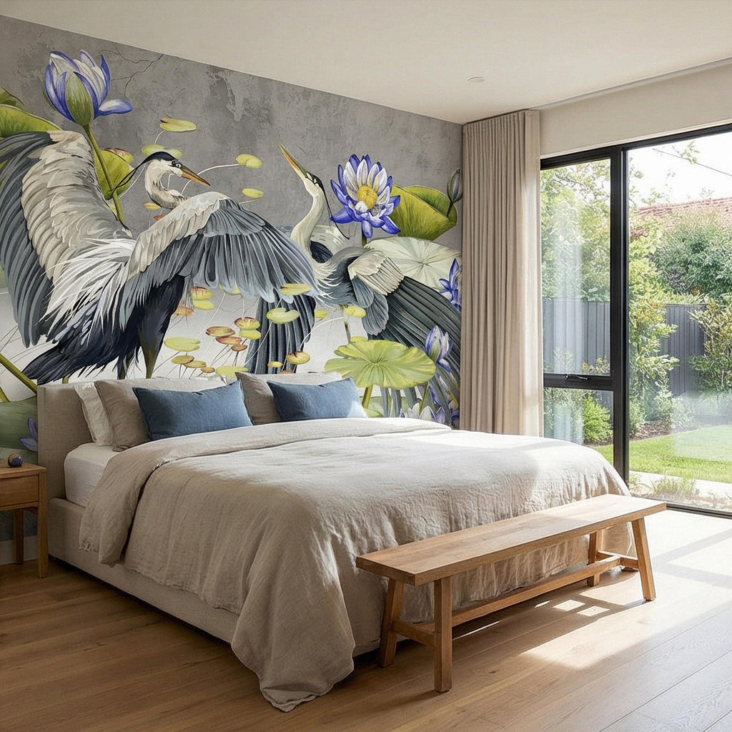 Heron Water Lily Peel and Stick Wall Mural, Blue Lotus Pond, Chinoiserie Bird Botanical, Serene Lily Pad Nature Gray Green Wallpaper