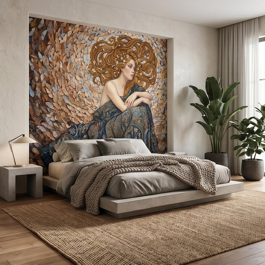 Art Nouveau Butterfly Woman Peel and Stick Wall Mural, Vintage Romantic Ethereal Goddess Portrait Golden Hair Botanical Tapestry Wallpaper