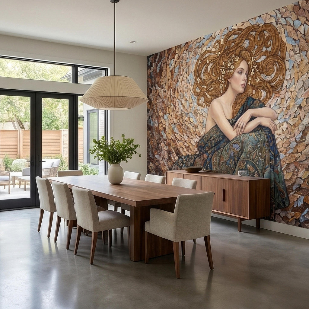 Art Nouveau Butterfly Woman Peel and Stick Wall Mural, Vintage Romantic Ethereal Goddess Portrait Golden Hair Botanical Tapestry Wallpaper