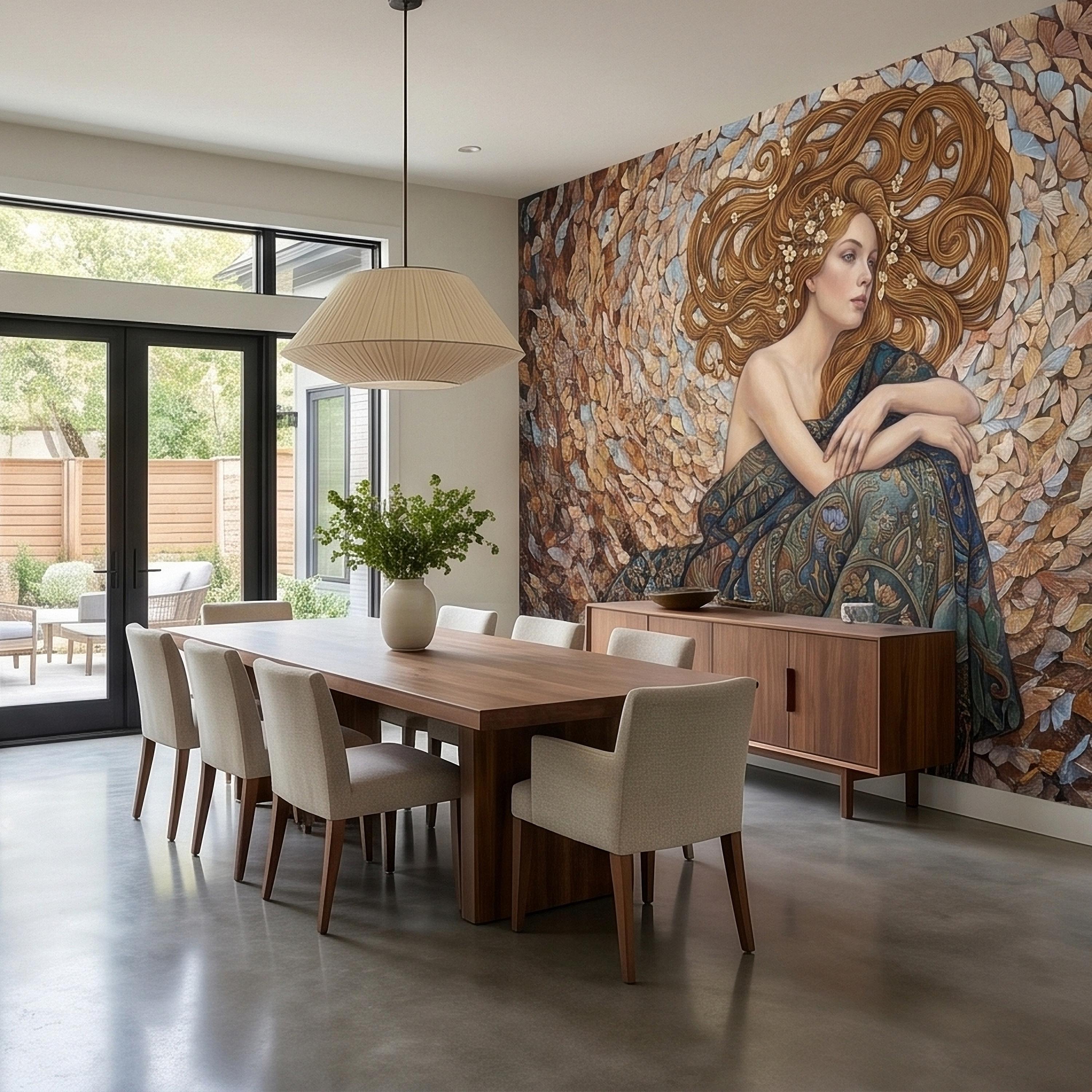 Art Nouveau Butterfly Woman Peel and Stick Wall Mural, Vintage Romantic Ethereal Goddess Portrait Golden Hair Botanical Tapestry Wallpaper