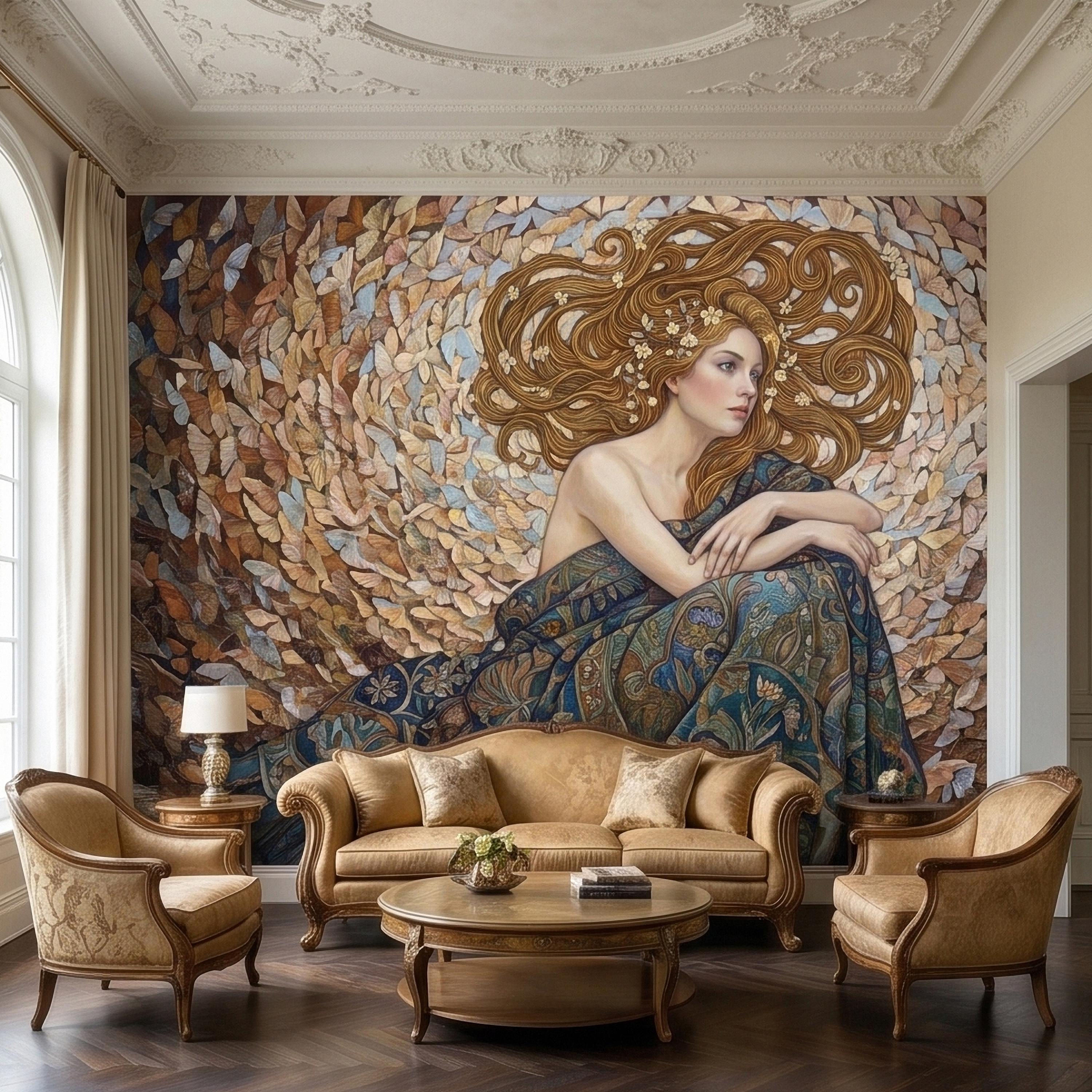 Art Nouveau Butterfly Woman Peel and Stick Wall Mural, Vintage Romantic Ethereal Goddess Portrait Golden Hair Botanical Tapestry Wallpaper
