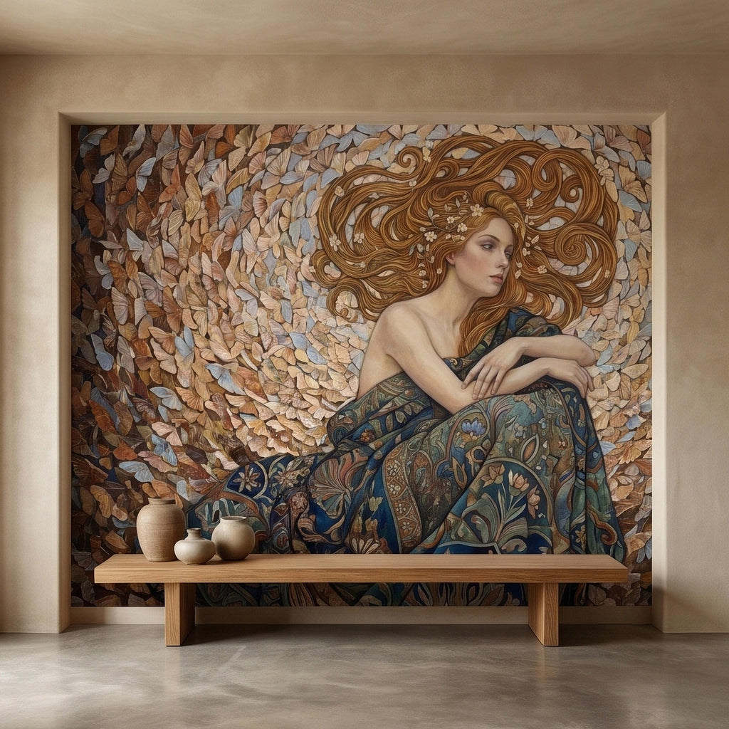 Art Nouveau Butterfly Woman Peel and Stick Wall Mural, Vintage Romantic Ethereal Goddess Portrait Golden Hair Botanical Tapestry Wallpaper