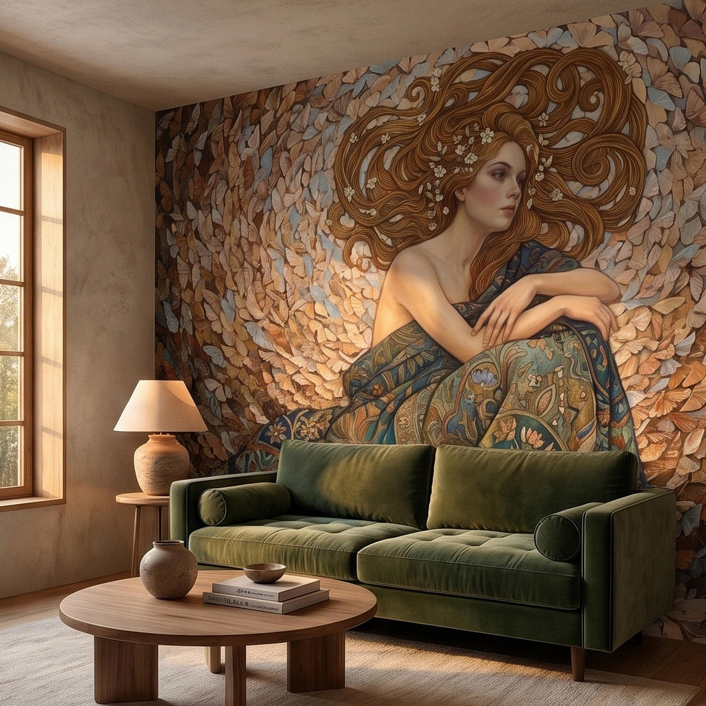 Art Nouveau Butterfly Woman Peel and Stick Wall Mural, Vintage Romantic Ethereal Goddess Portrait Golden Hair Botanical Tapestry Wallpaper