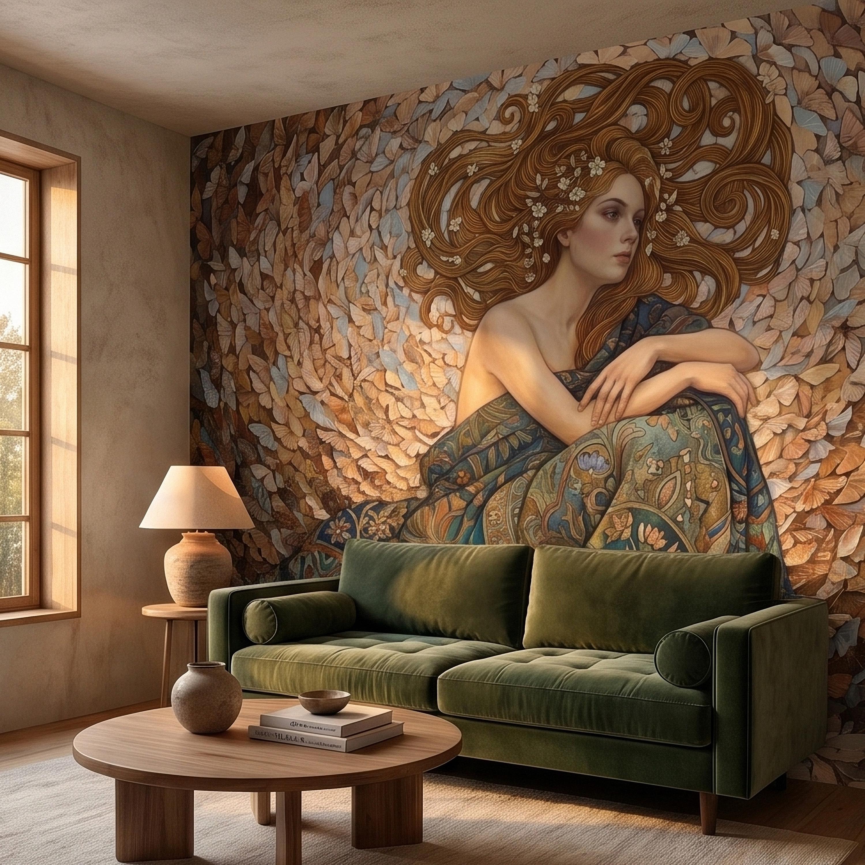 Art Nouveau Butterfly Woman Peel and Stick Wall Mural, Vintage Romantic Ethereal Goddess Portrait Golden Hair Botanical Tapestry Wallpaper