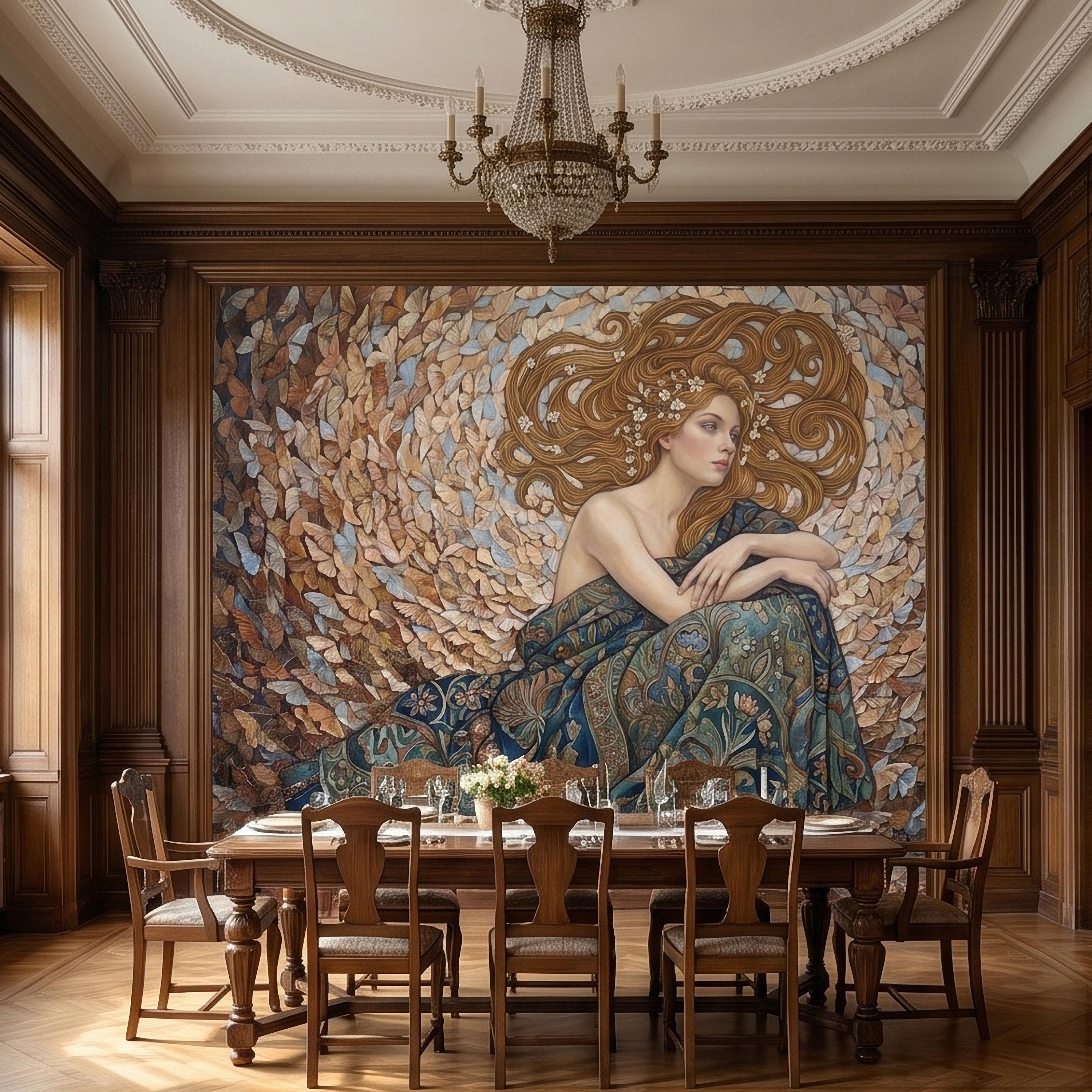 Art Nouveau Butterfly Woman Peel and Stick Wall Mural, Vintage Romantic Ethereal Goddess Portrait Golden Hair Botanical Tapestry Wallpaper