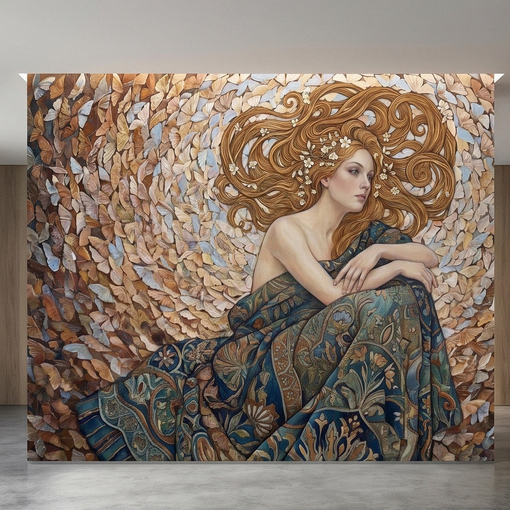 Art Nouveau Butterfly Woman Peel and Stick Wall Mural, Vintage Romantic Ethereal Goddess Portrait Golden Hair Botanical Tapestry Wallpaper