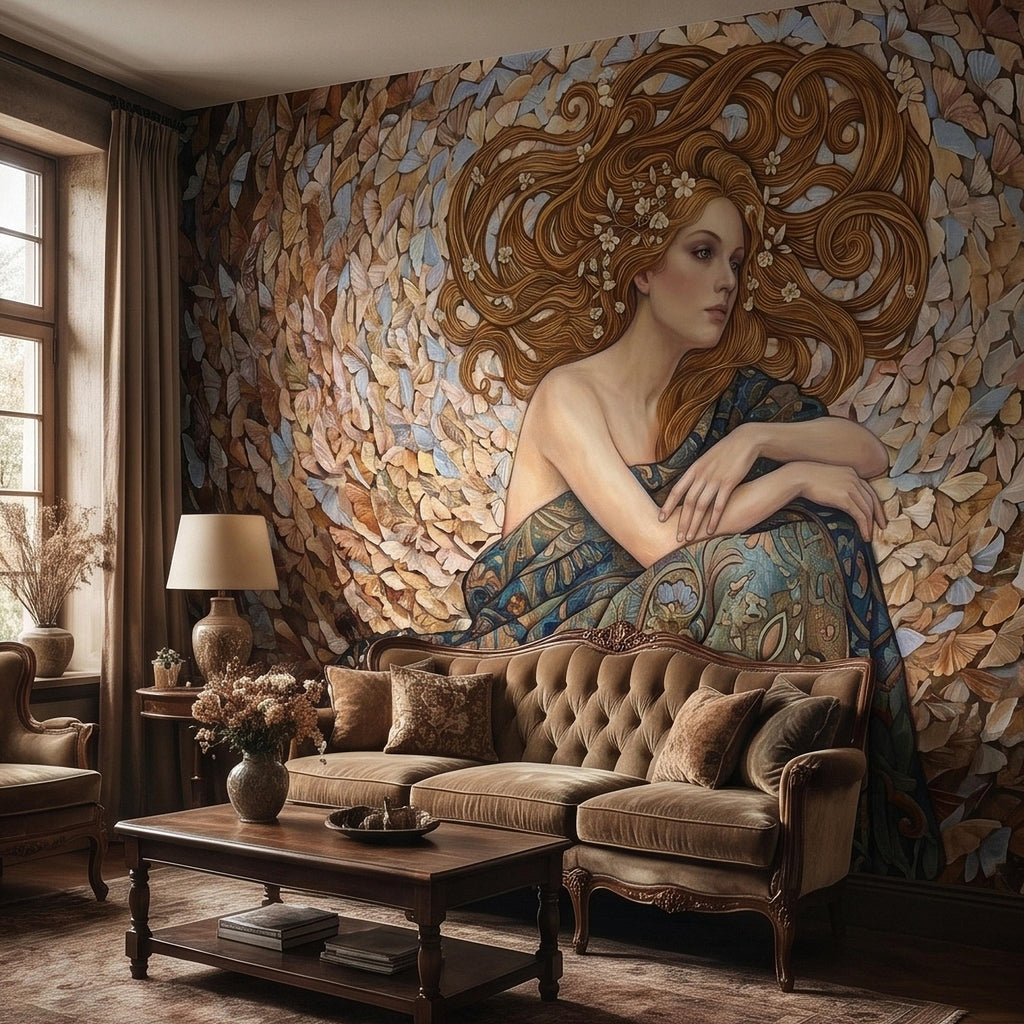 Art Nouveau Butterfly Woman Peel and Stick Wall Mural, Vintage Romantic Ethereal Goddess Portrait Golden Hair Botanical Tapestry Wallpaper