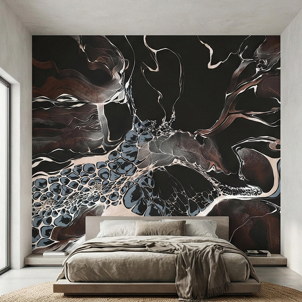 Abstract Geode Peel and Stick Wall Mural, Dark Fluid Marble, Black Brown Blue Agate, Organic Modern Moody Contemporary Luxury Wallpaper